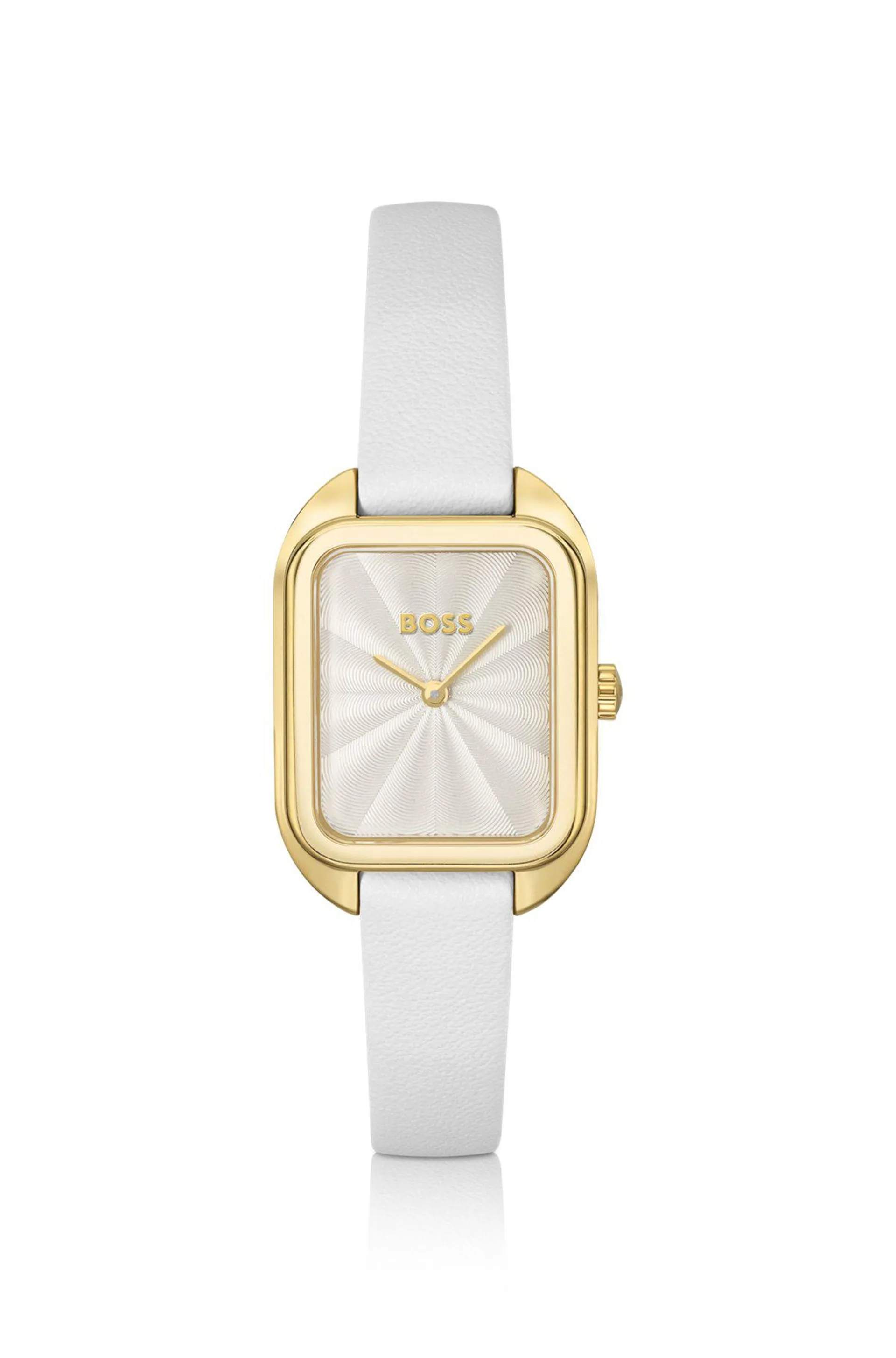 Gold-tone rectangular watch with white leather strap