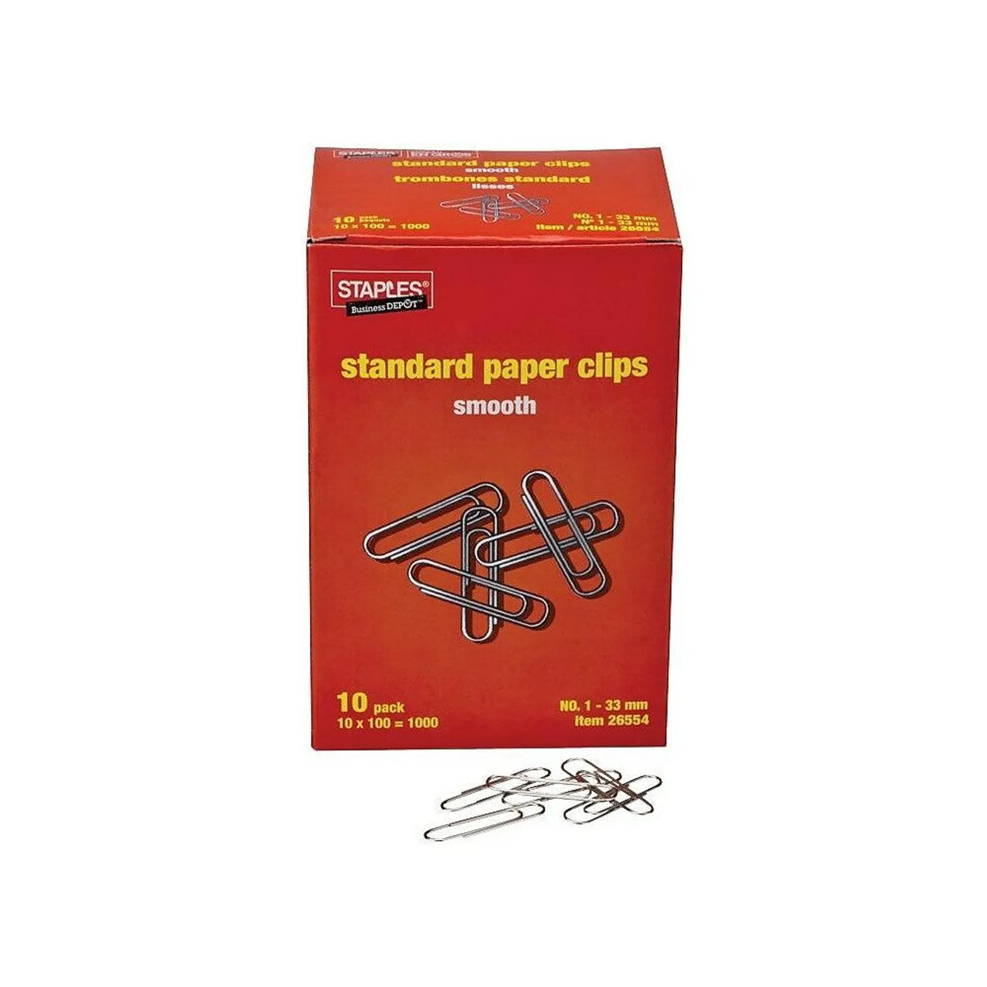 Staples - Trombones standards, nº 1, 33 mm, lisses, argent, paquet de 1000