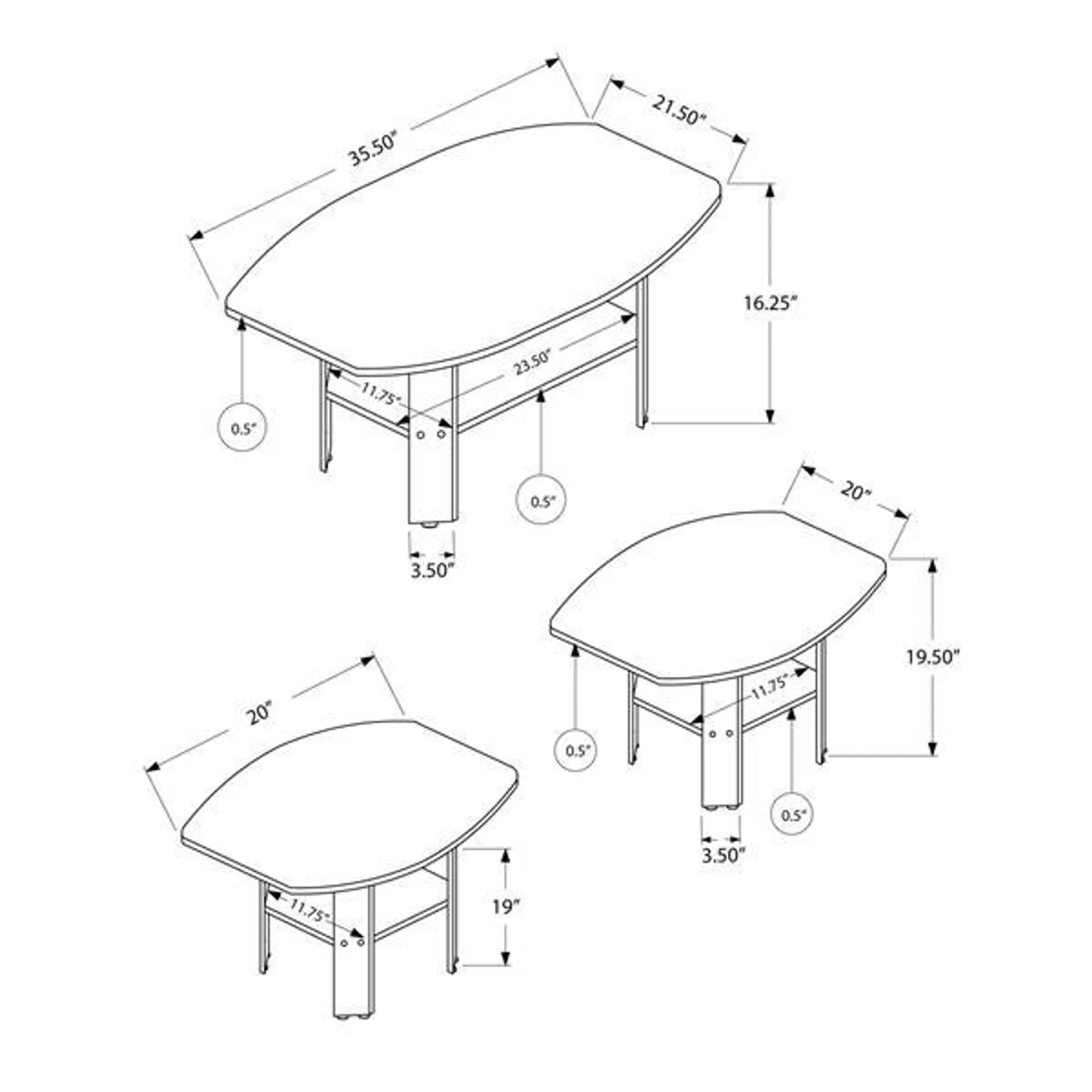 Ensemble de tables en bois, 3 mcx, taupe foncé