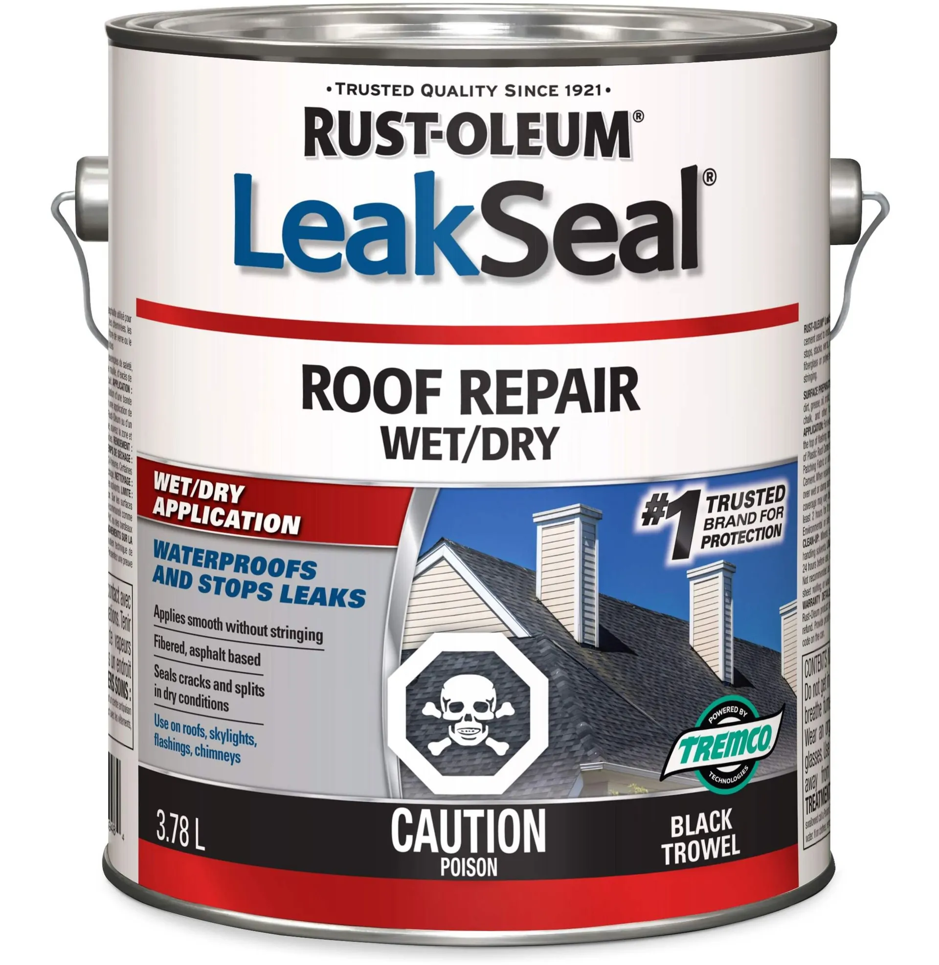 Scellant de réparation de toit imperméable Rust-Oleum LeakSeal, application sèche/humide, truelle noire, 3,78 L