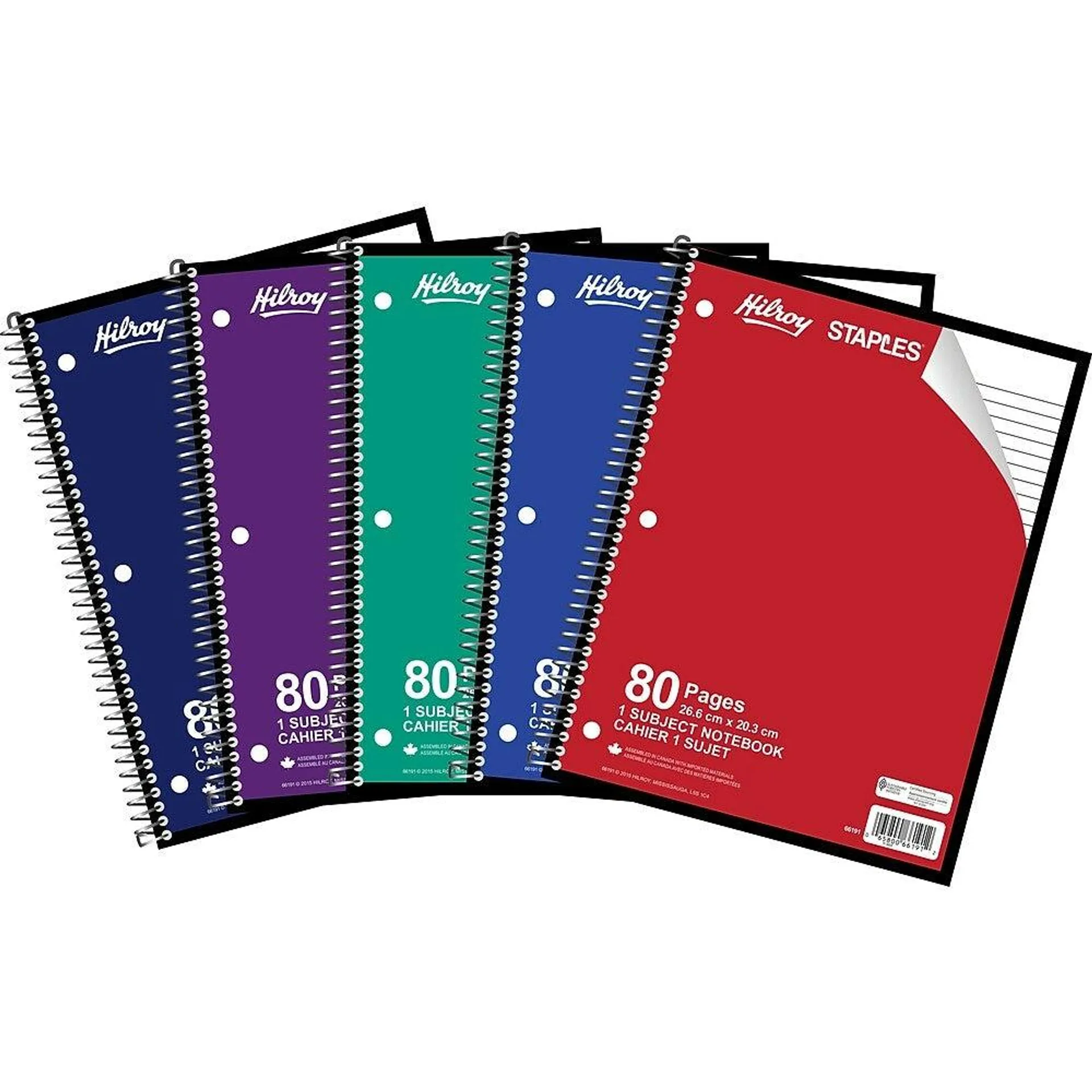 Hilroy – Cahier de notes à 1 sujet, 10 1/2 po x 8 po, 80 pages - couleurs variées