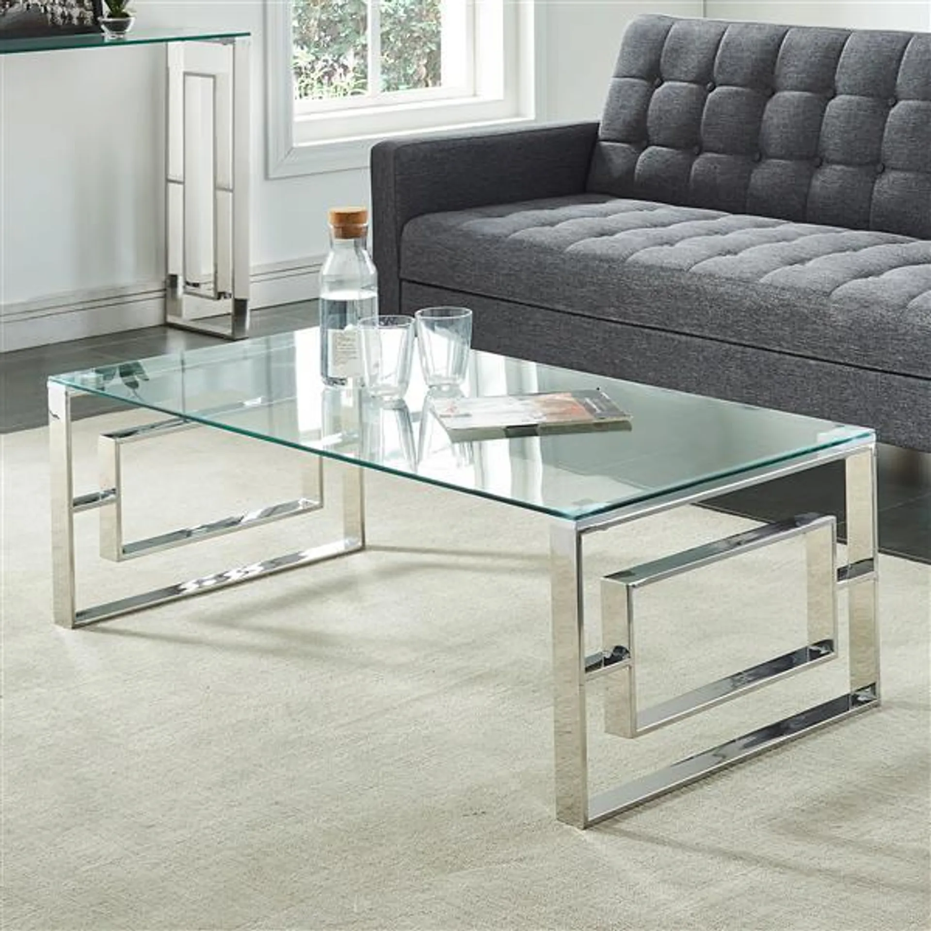 Table basse !nspire, 43 po x 24 po, base chromée, verre transparent