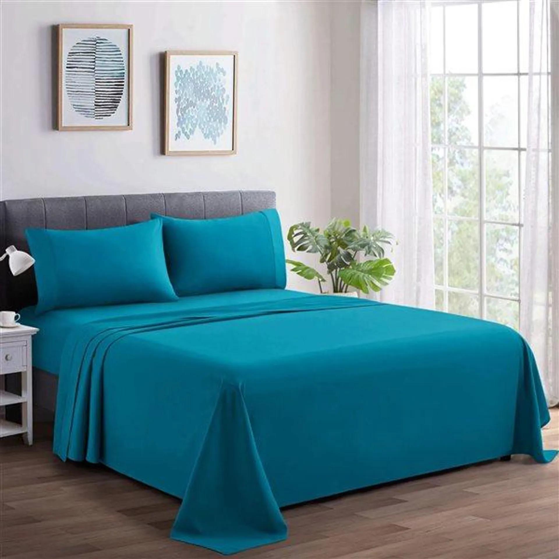 Ensemble de draps 4 pièces pour grand lit Marina Decoration coton/polyester 600 fils turquoise uni