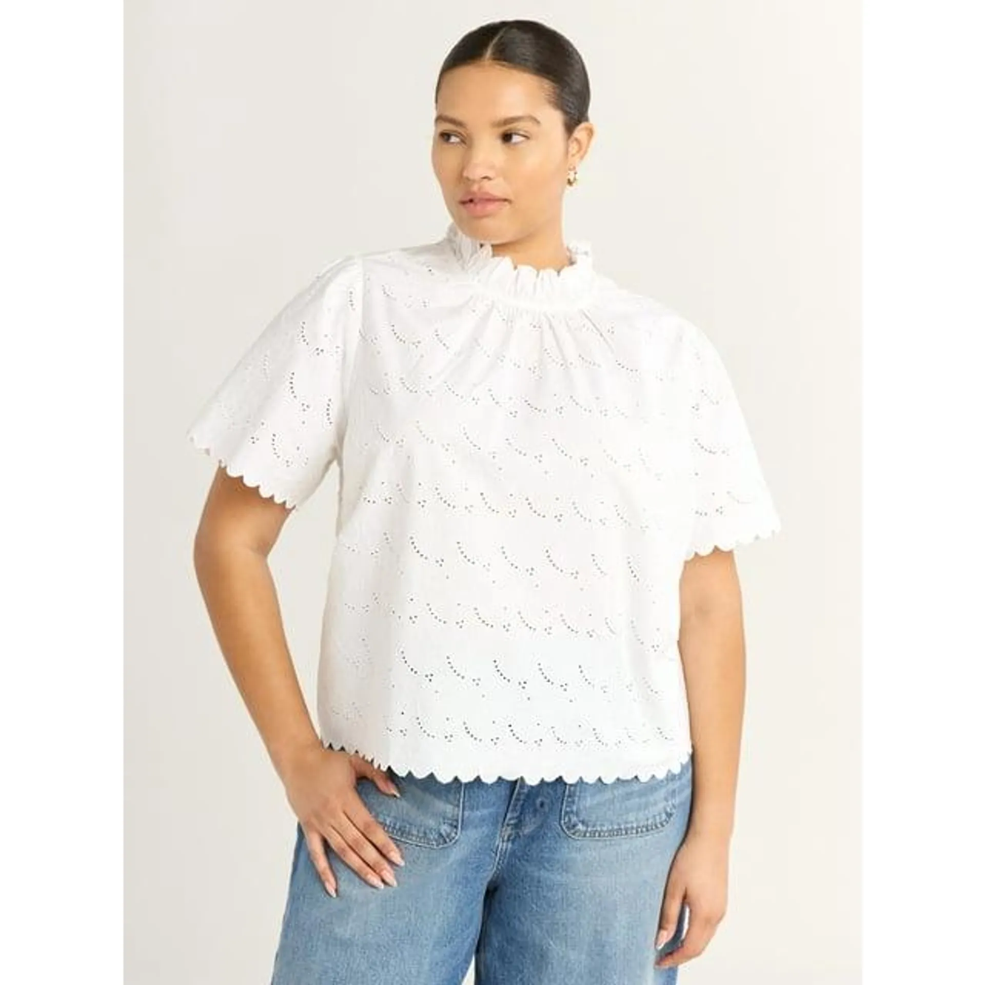 Free Assembly Women's Ruffle Cotton Eyelet Top with Short Sleeves, Sizes XS-4X