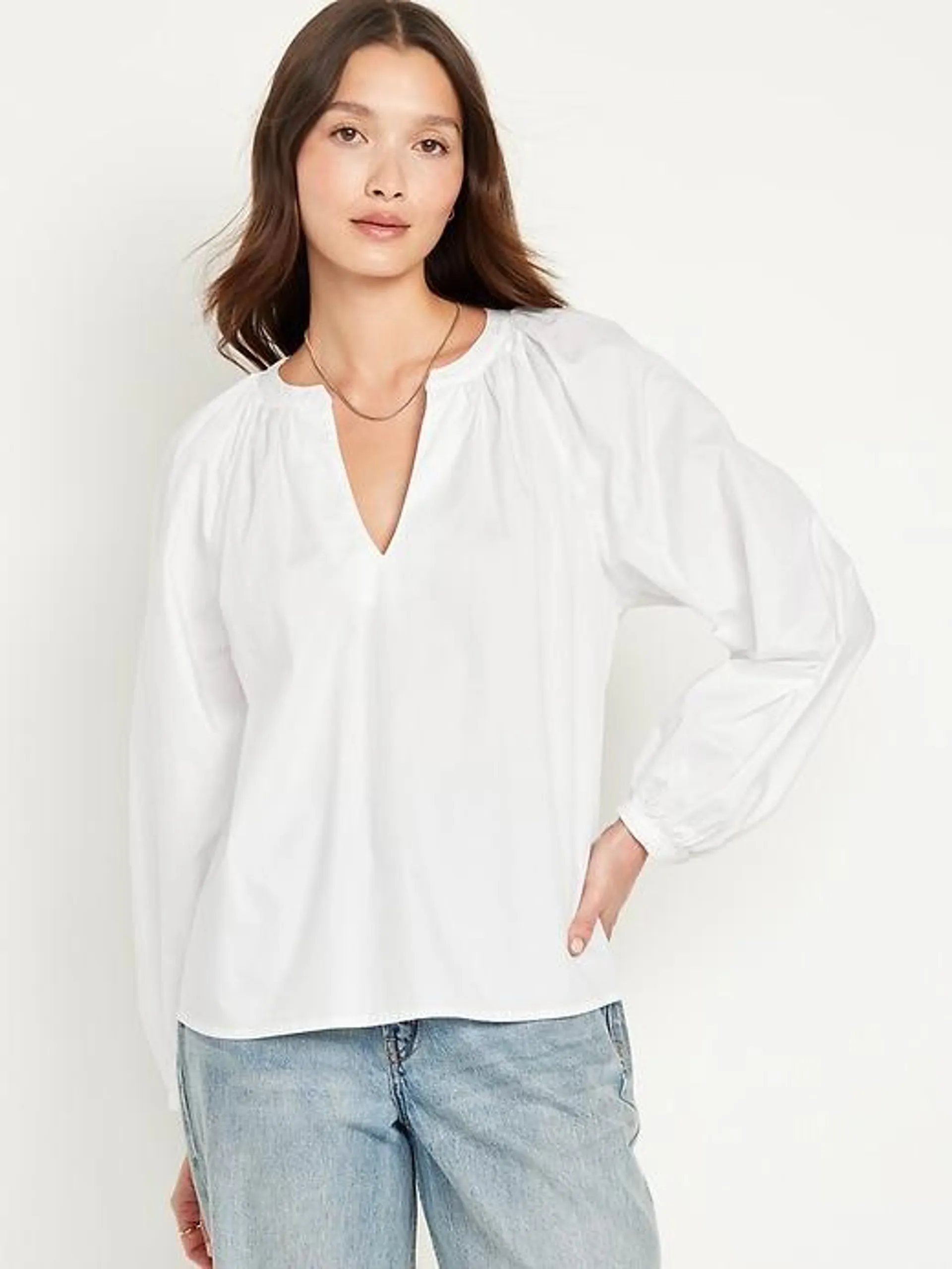 Long-Sleeve Split-Neck Top