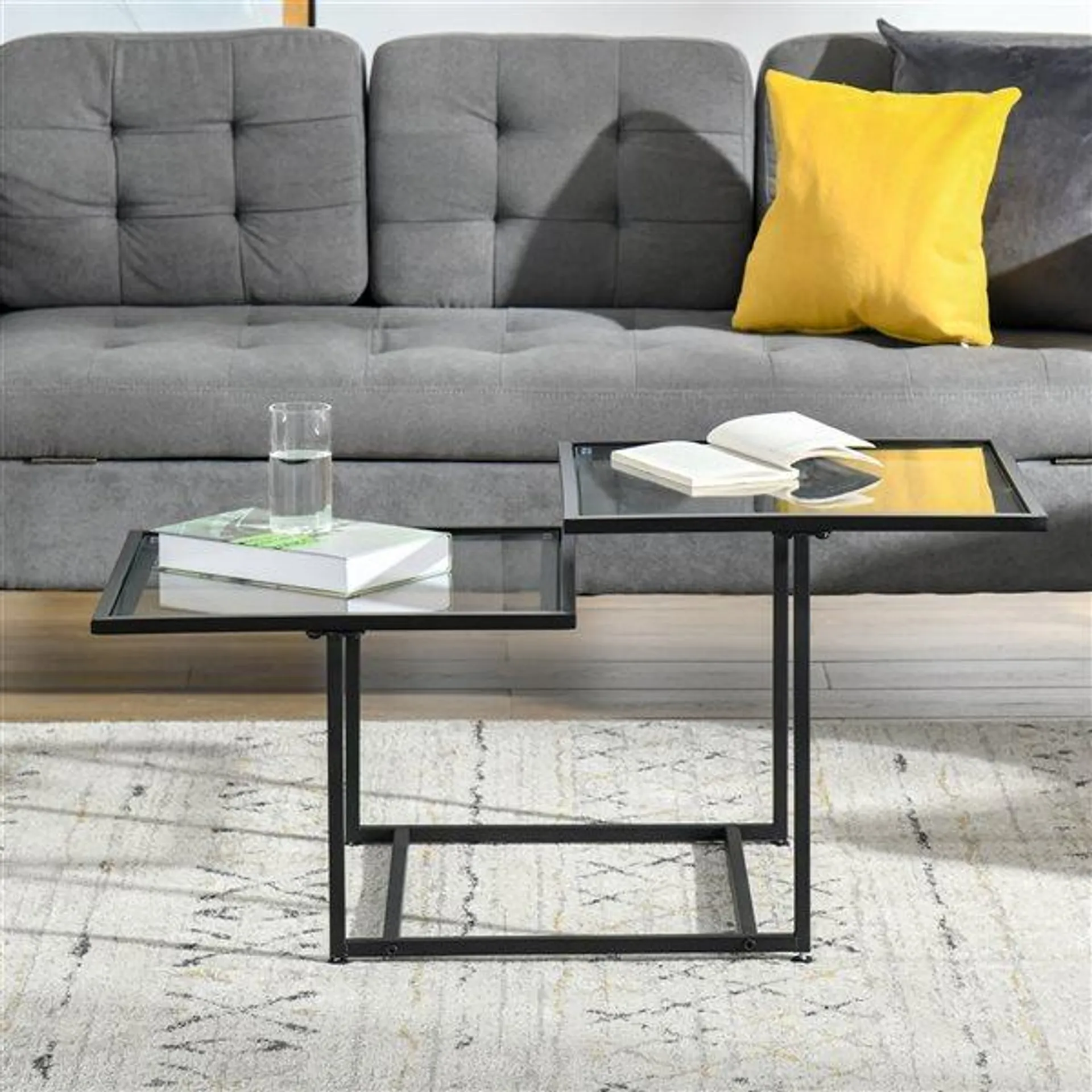 Table d'appoint HomCom avec cadre en métal noir et plateau double en verre trempé