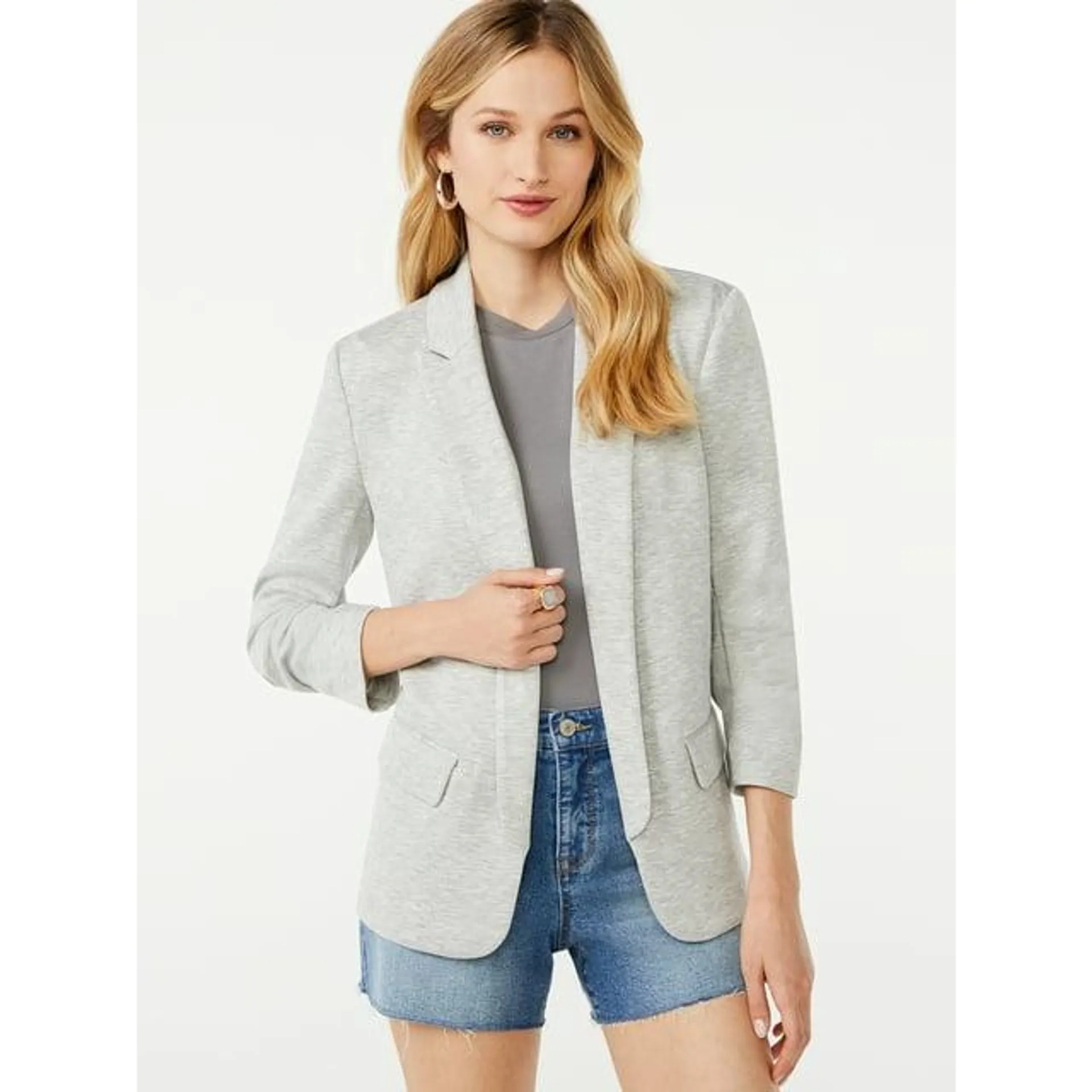 Scoop Women's and Women's Plus Relaxed Scuba Knit Stretch Blazer with Scrunch Sleeves, Sizes XS-4X