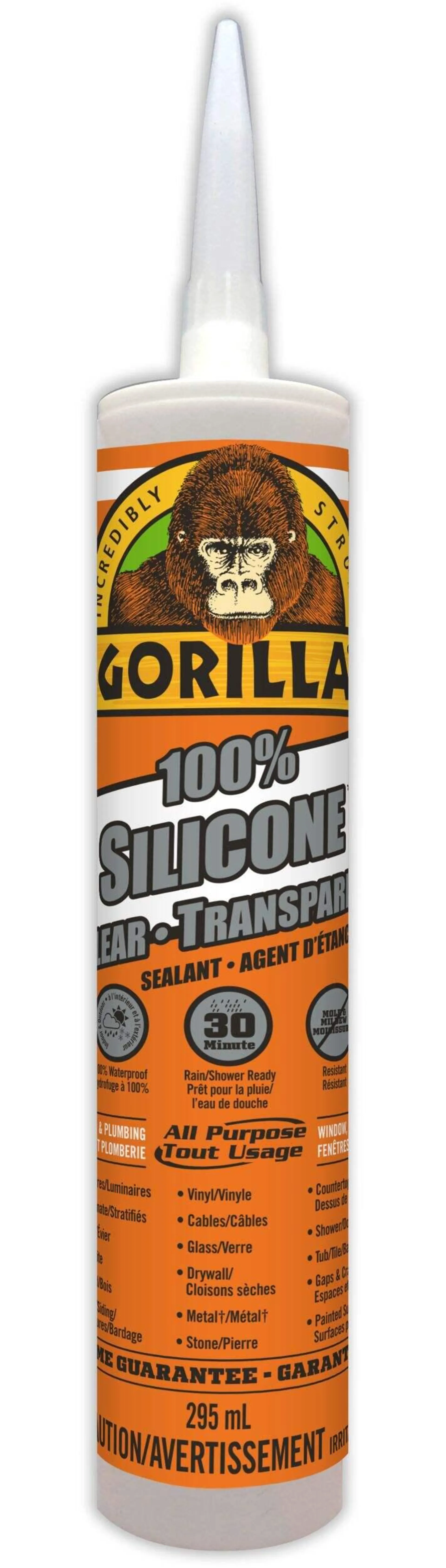 Scellant à base de silicone Gorilla, intérieur/extérieur, résistant aux fissures et à l'eau, transparent, 295 mL