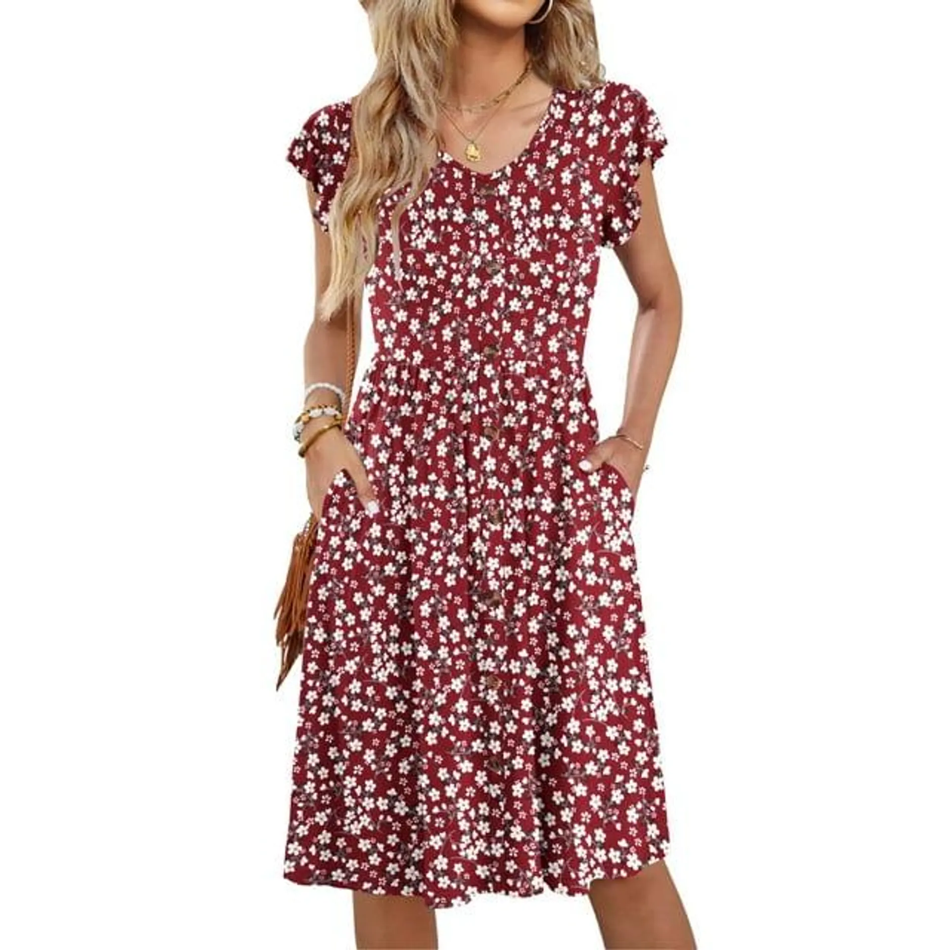 Fantaslook Women Summer Dresses V Neck Ruffle Sleeve Casual Flowy Sundresses Button Floral Midi Dress with Pockets