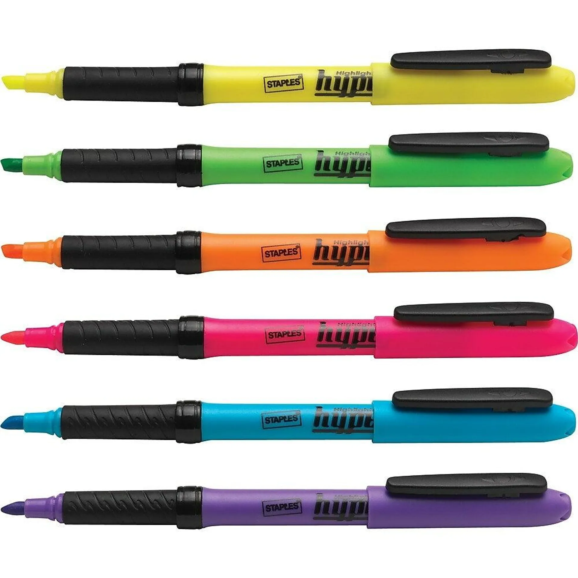 Staples – Surligneurs Hype! Gripped genre stylo, pointe biseautée, couleurs variées, paquet de 6