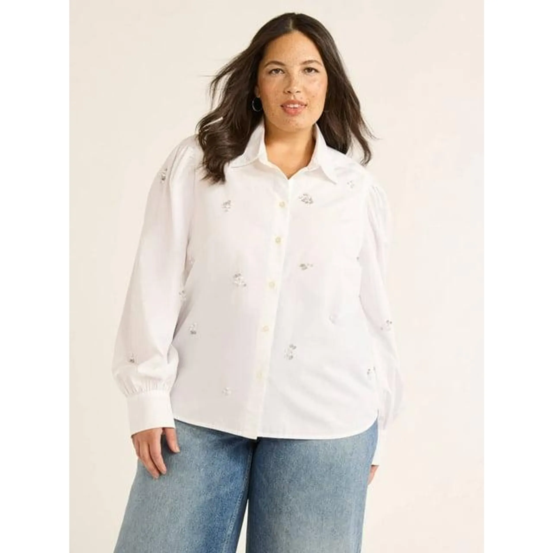 Free Assembly Women's and Women’s Plus Cotton Embellished Button Front Shirt, Sizes XS-4X