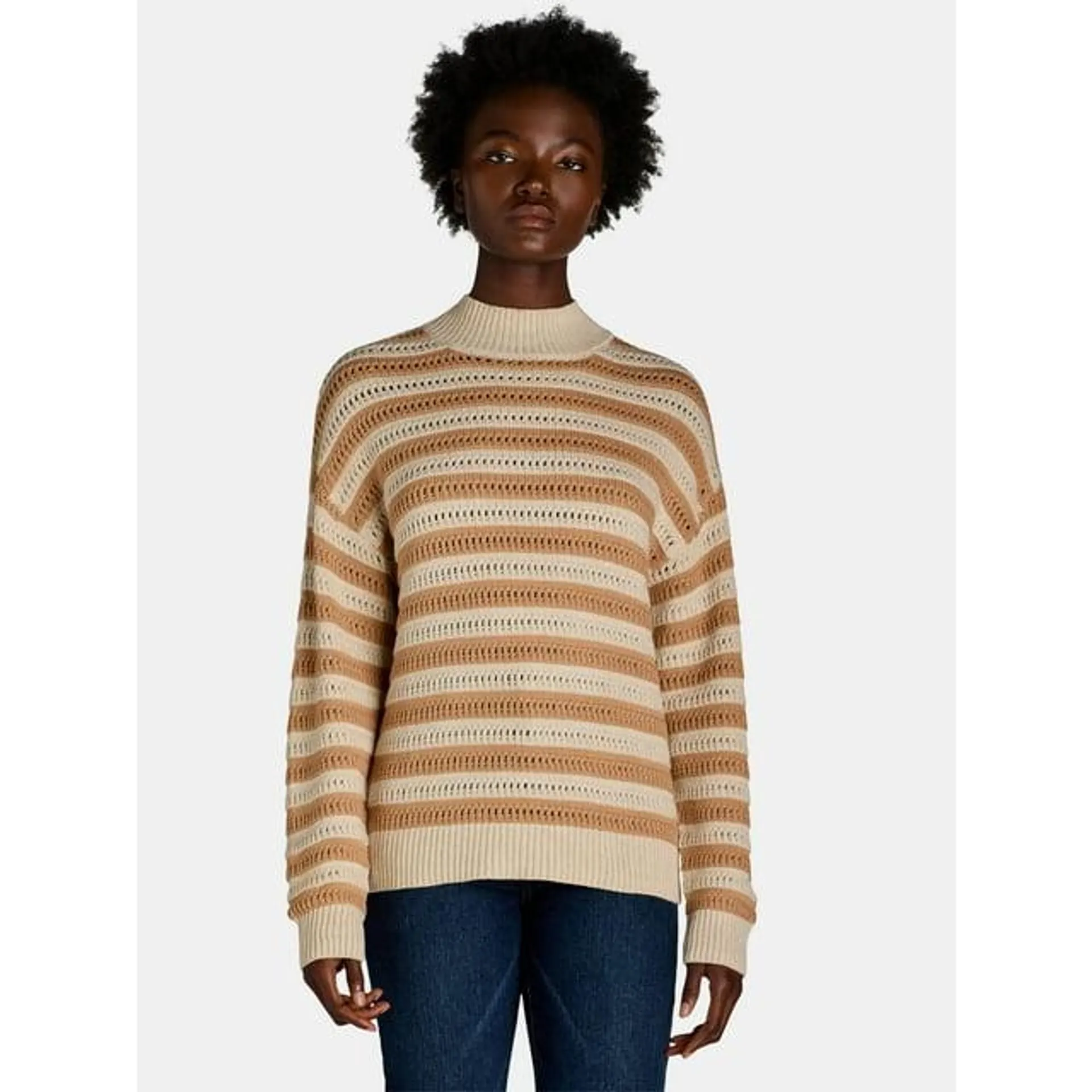 Time and Tru Women's Striped Mock Neck Sweater, Midweight, Size XS-XXXL