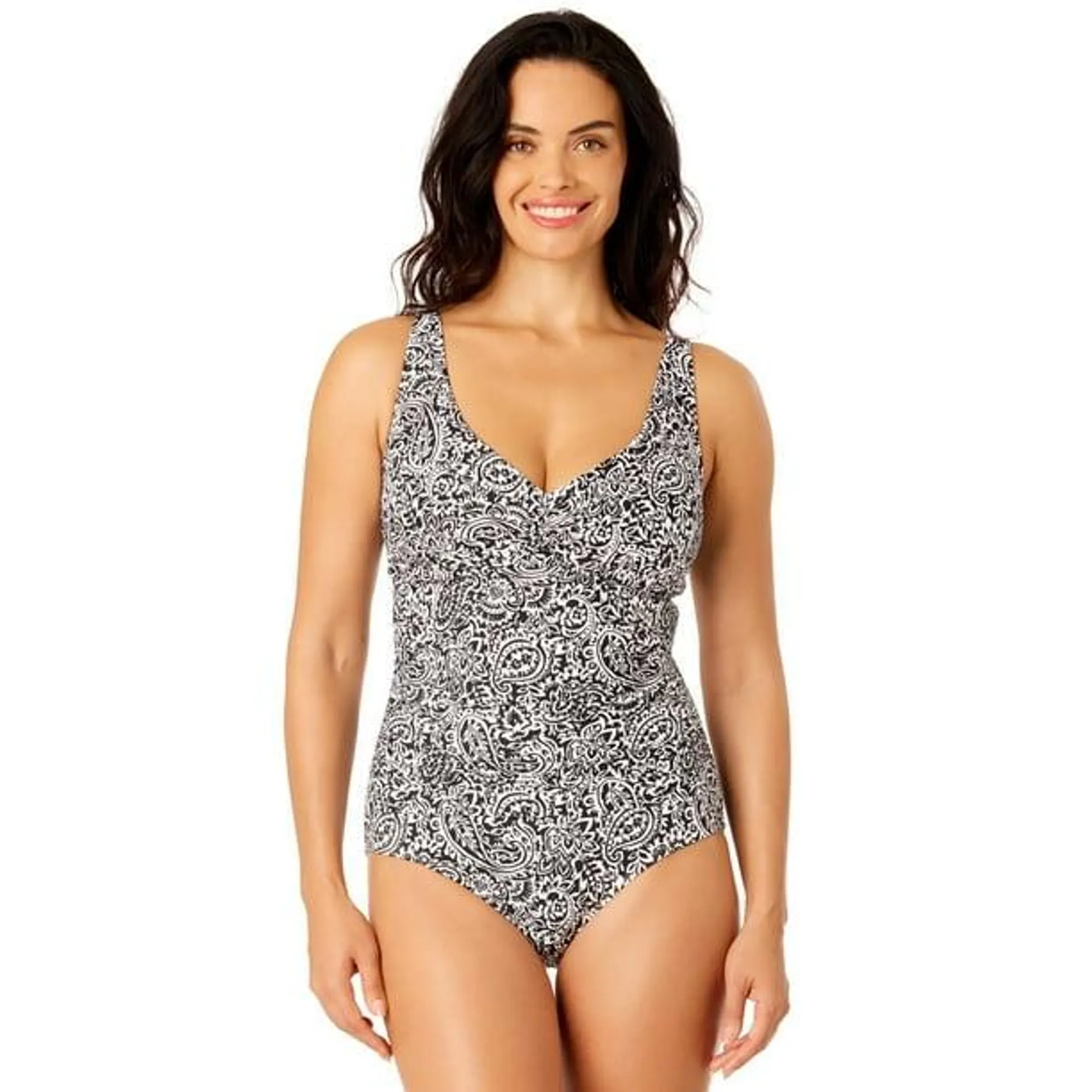 Lands' End Maillot de bain une pièce en nylon et élasthanne avec col en V et détails froncés pour femmes Taille S-XXL