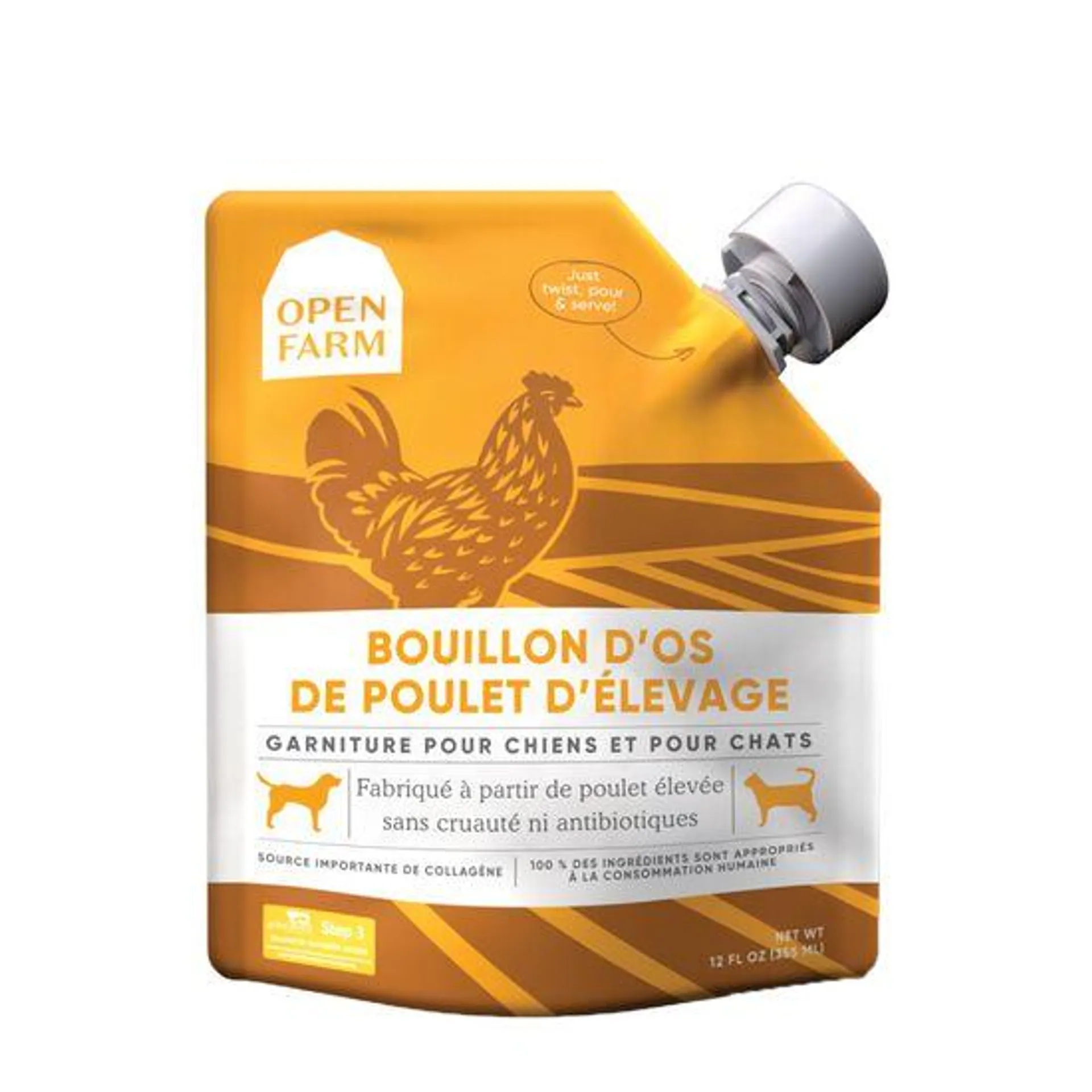 Bouillon d'os de poulet fermier pour chiens et chats