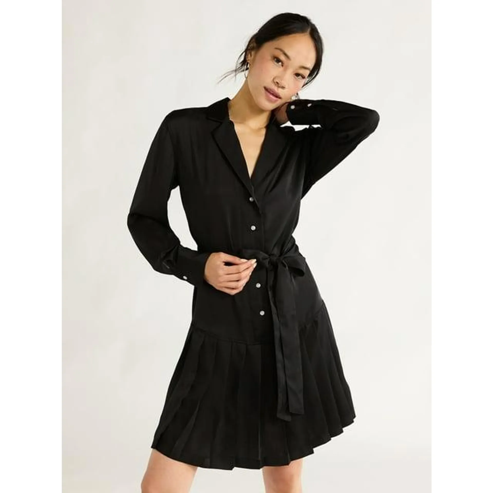 Free Assembly Women's Pleated Mini Shirtdress with Long Sleeves, Sizes XS-XXL