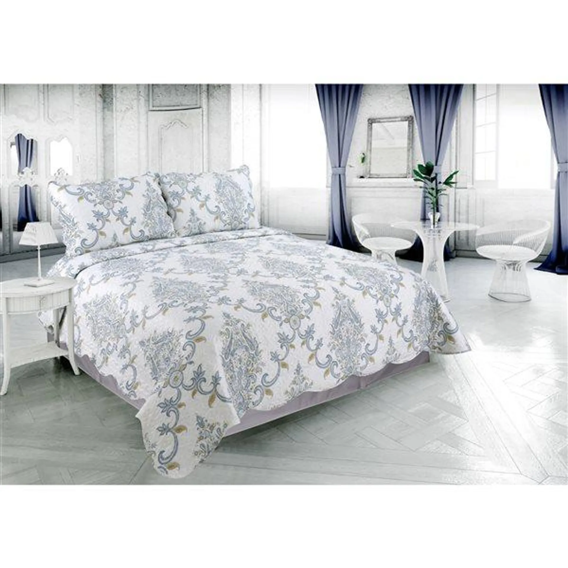 Ensemble de courtepointe damassée Marina Decoration bleu et gris pour très grand lit, 3 mcx