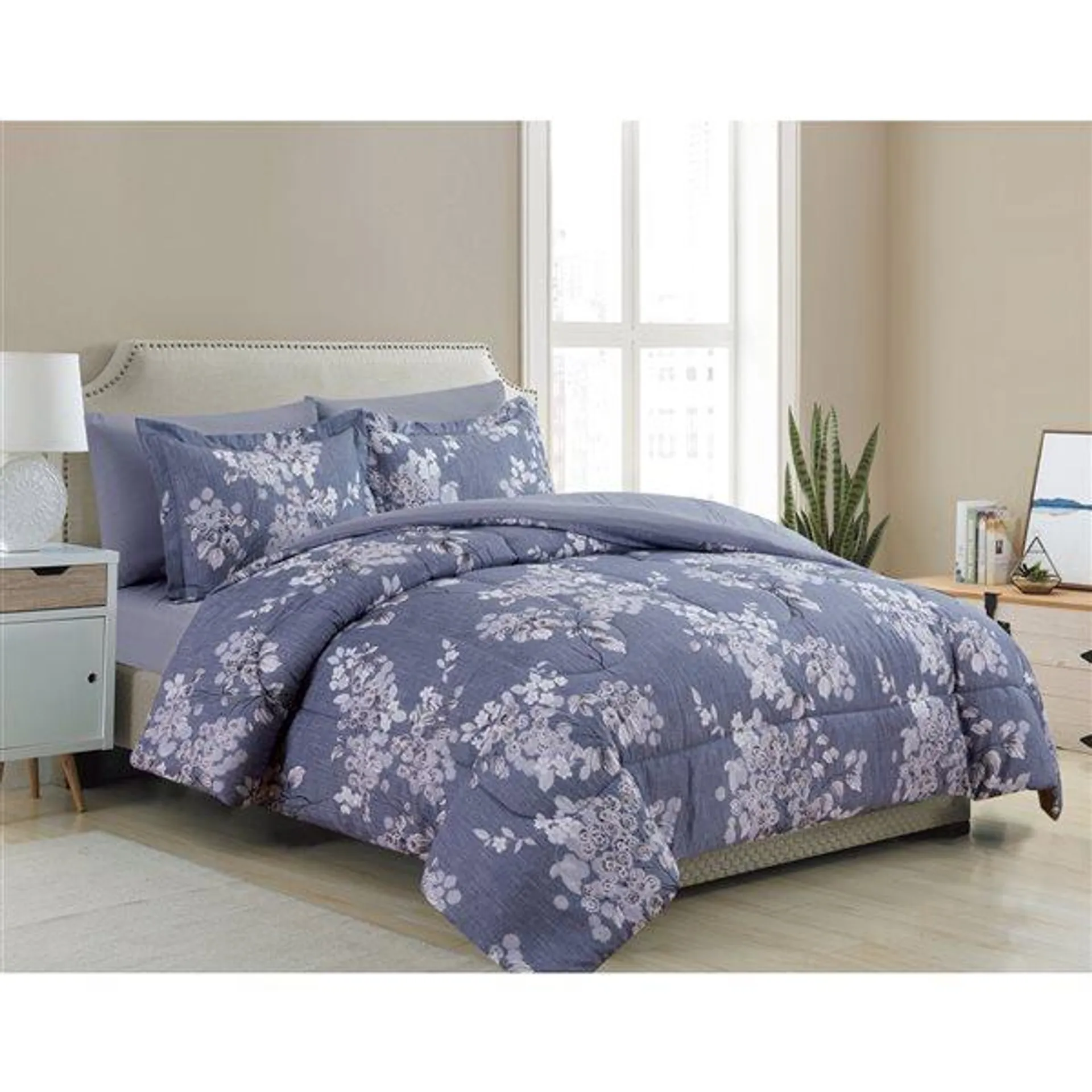 Ensemble douillette au motif floral bleu-gris Marina Decoration pour lit simple, 5 pièces