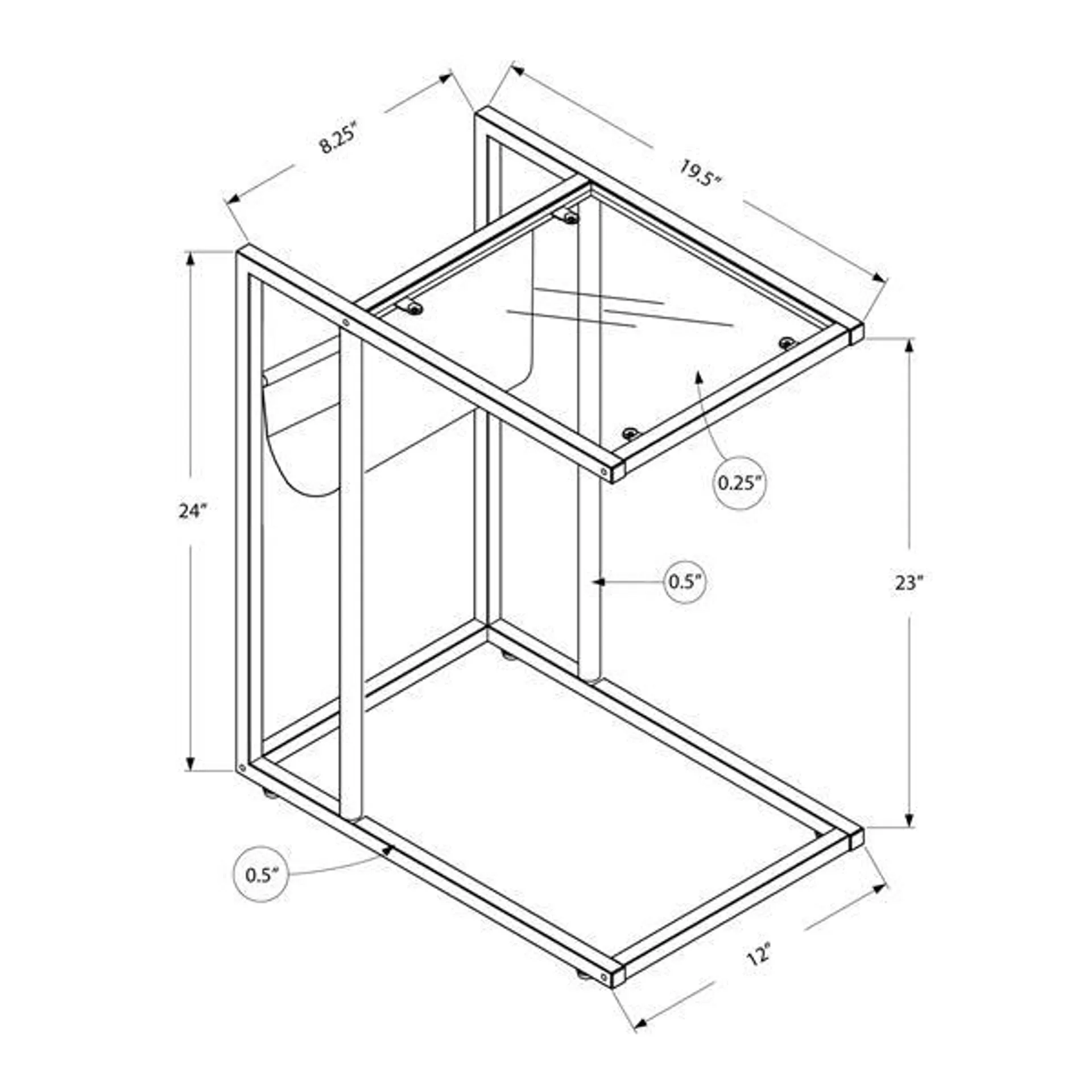 Table d'appoint, 19,5 po x 24 po, verre, chrome/blanc