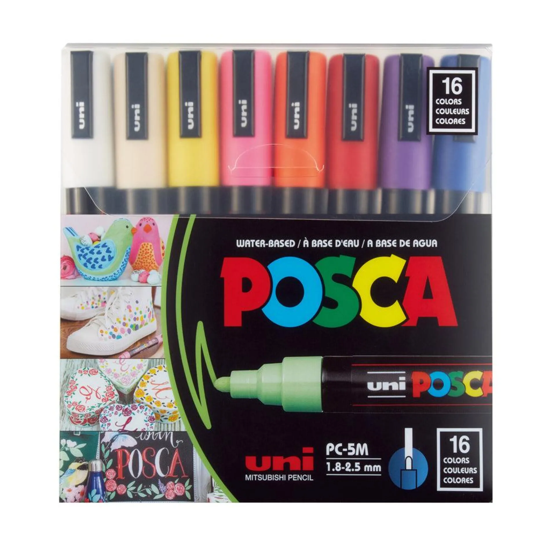 Posca - Marqueurs de peinture à base d'eau - Pointe moyenne réversible (1,8-2,5 mm) - Couleurs assorties - paquet de 16