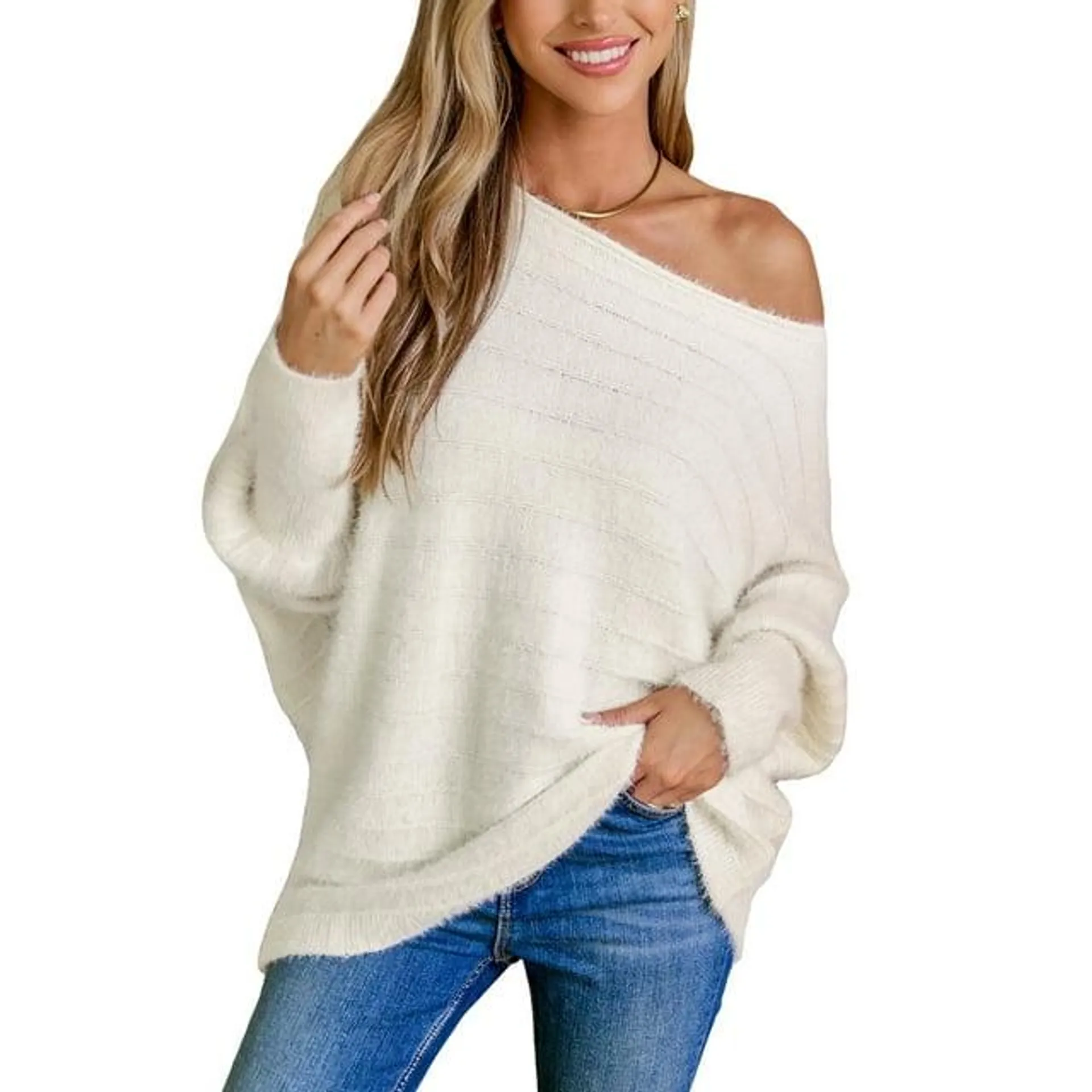 Cupshe Women Ivory Off-Shoulder Puff Sleeve Sweater, Size XS-XL