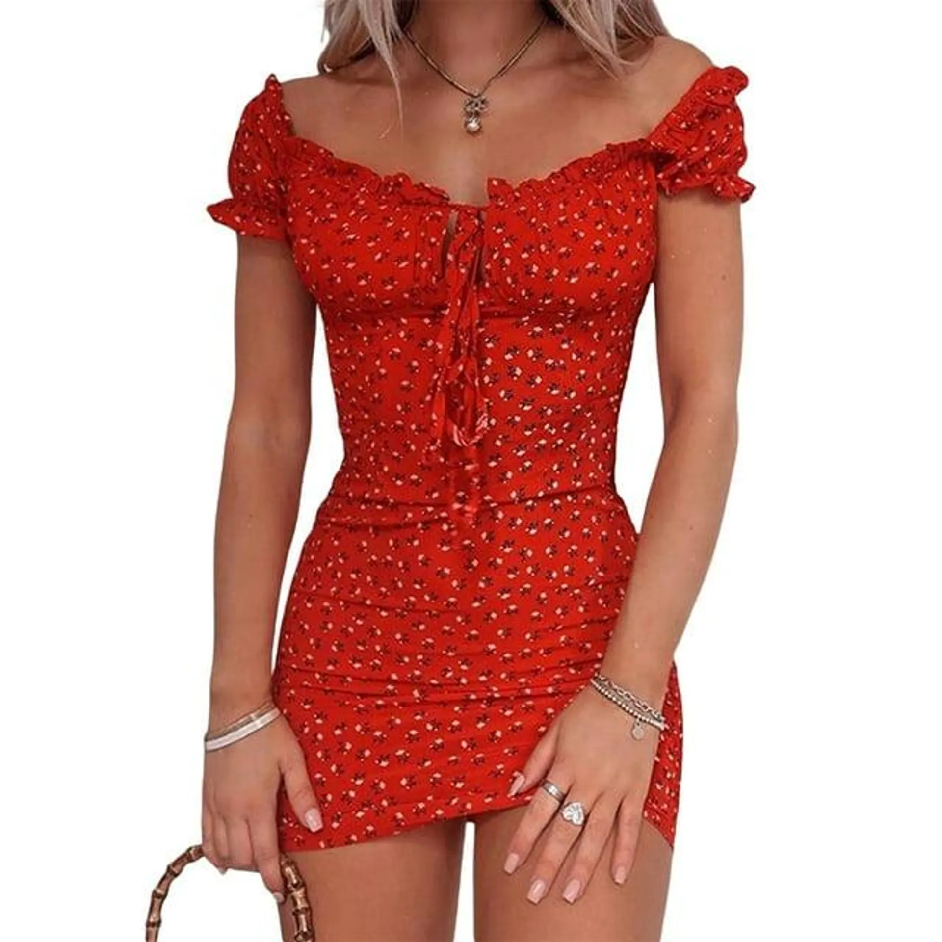 Womens Sexy Floral Mini Dress Off The Shoulder Lace Up Ruffle Bodycon Dresses Beach Party