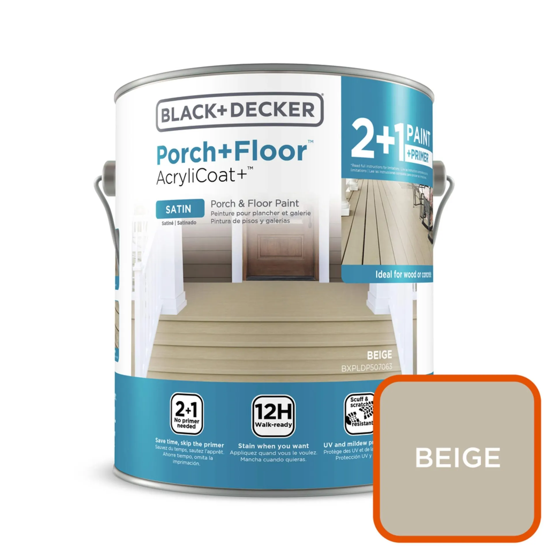 Peinture de revêtement pour porche et plancher Black & Decker, polymère acrylique, toute saison, satinée, 3,7 l