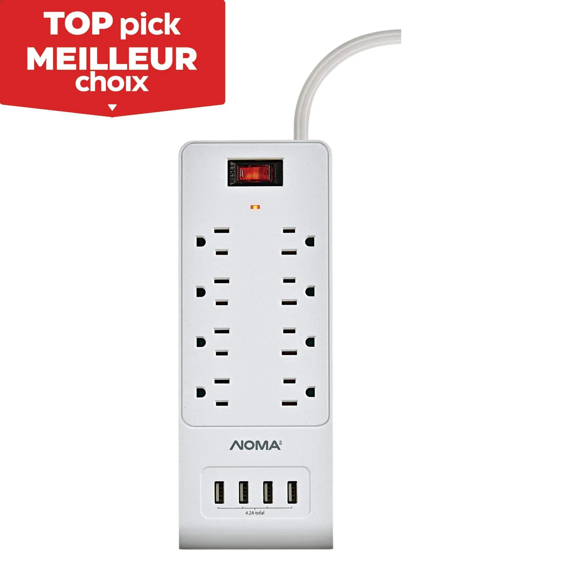 Barre d’alimentation NOMA à 8 prises et 4 ports USB avec limiteur de surtension, cordon de 3 pi, 1 200 joules, blanc