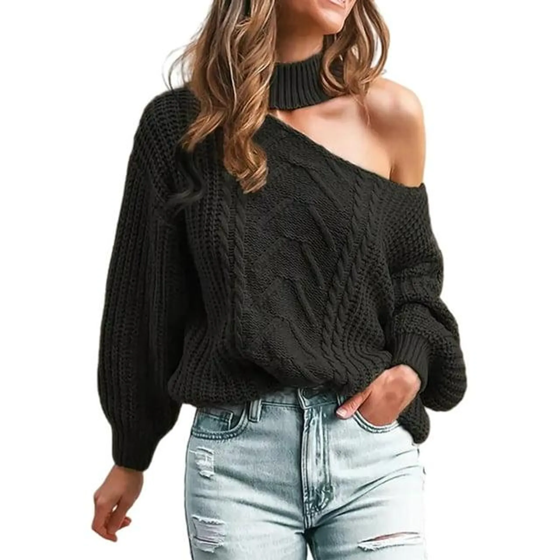 CUPSHE Women's Cable Knit One Shoulder Pullover Sweater Mock Neck Cutout Drop Long Sleeve Causal Jumper Top