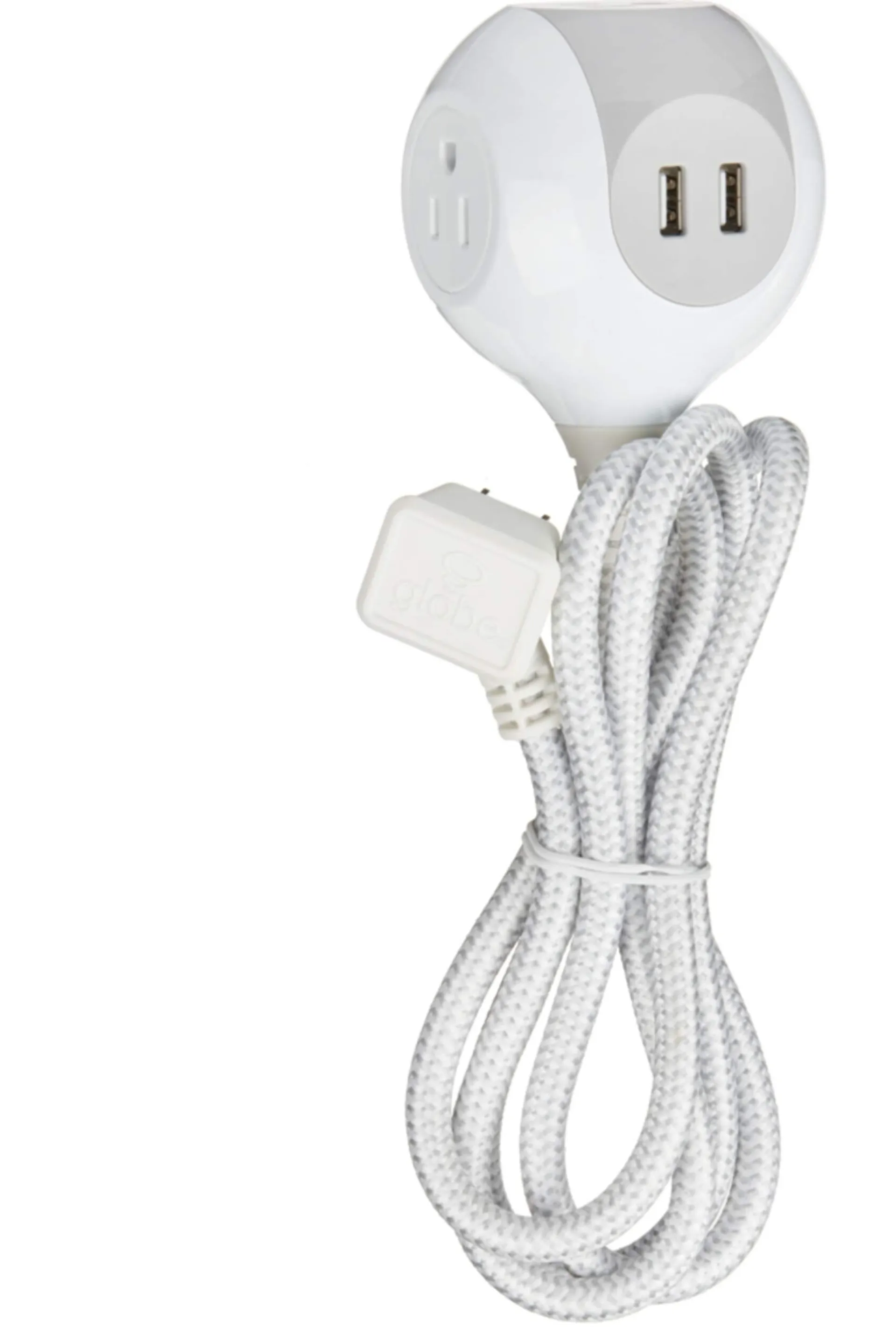 Barre d’alimentation Globe à 3 prises et 2 ports USB, cordon recouvert de tissu de 5 pi et prise à angle droit, blanc/gris