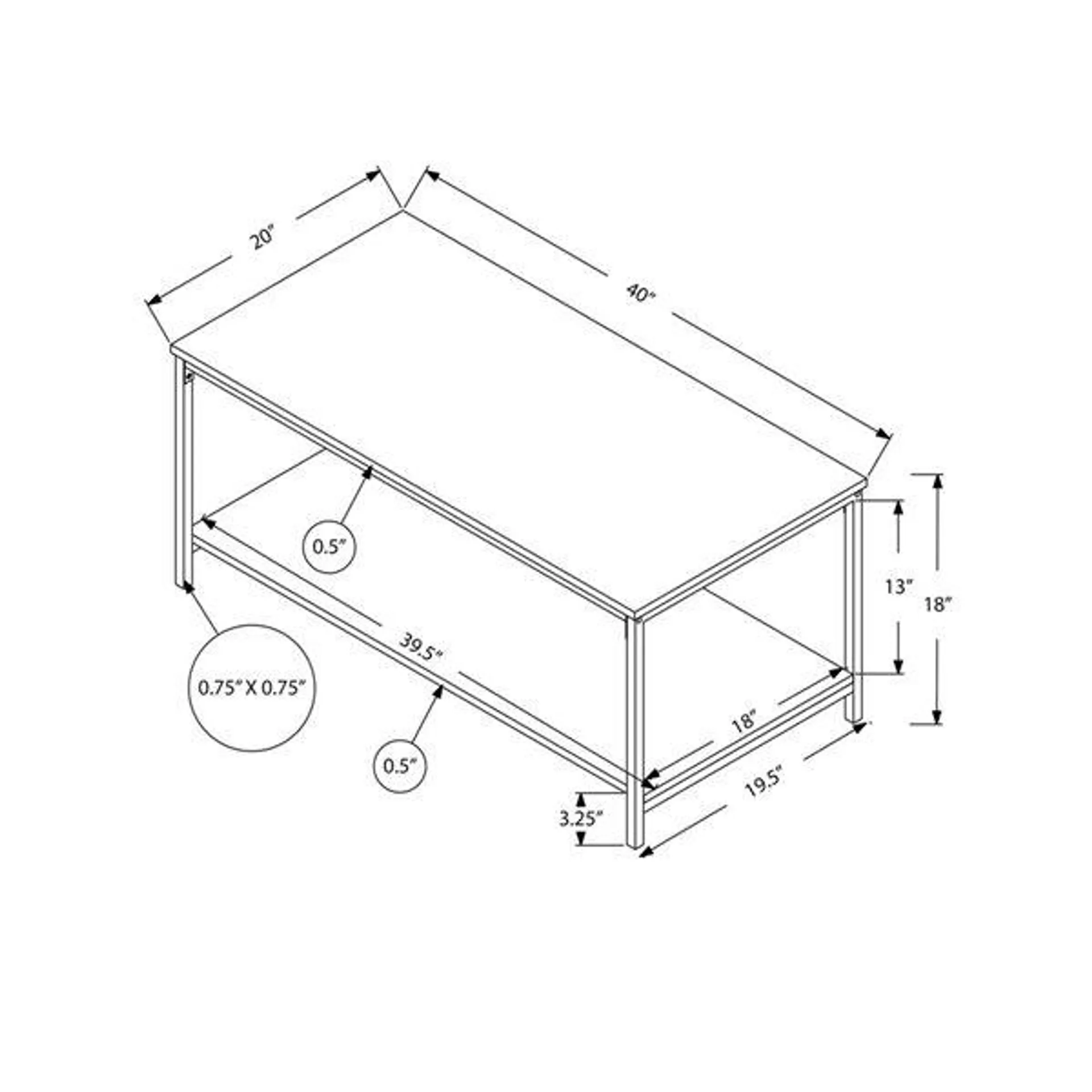 Table basse rectangulaire 20 x 40 po de Monarch Specialties en stratifié blanc et métal argent