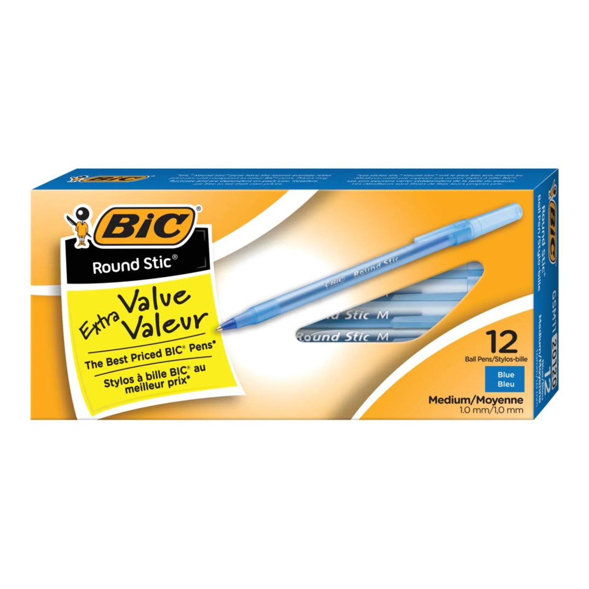 Stylos à bille économiques RoundStic de BIC, 1,0 mm, bleu, paquet de 12