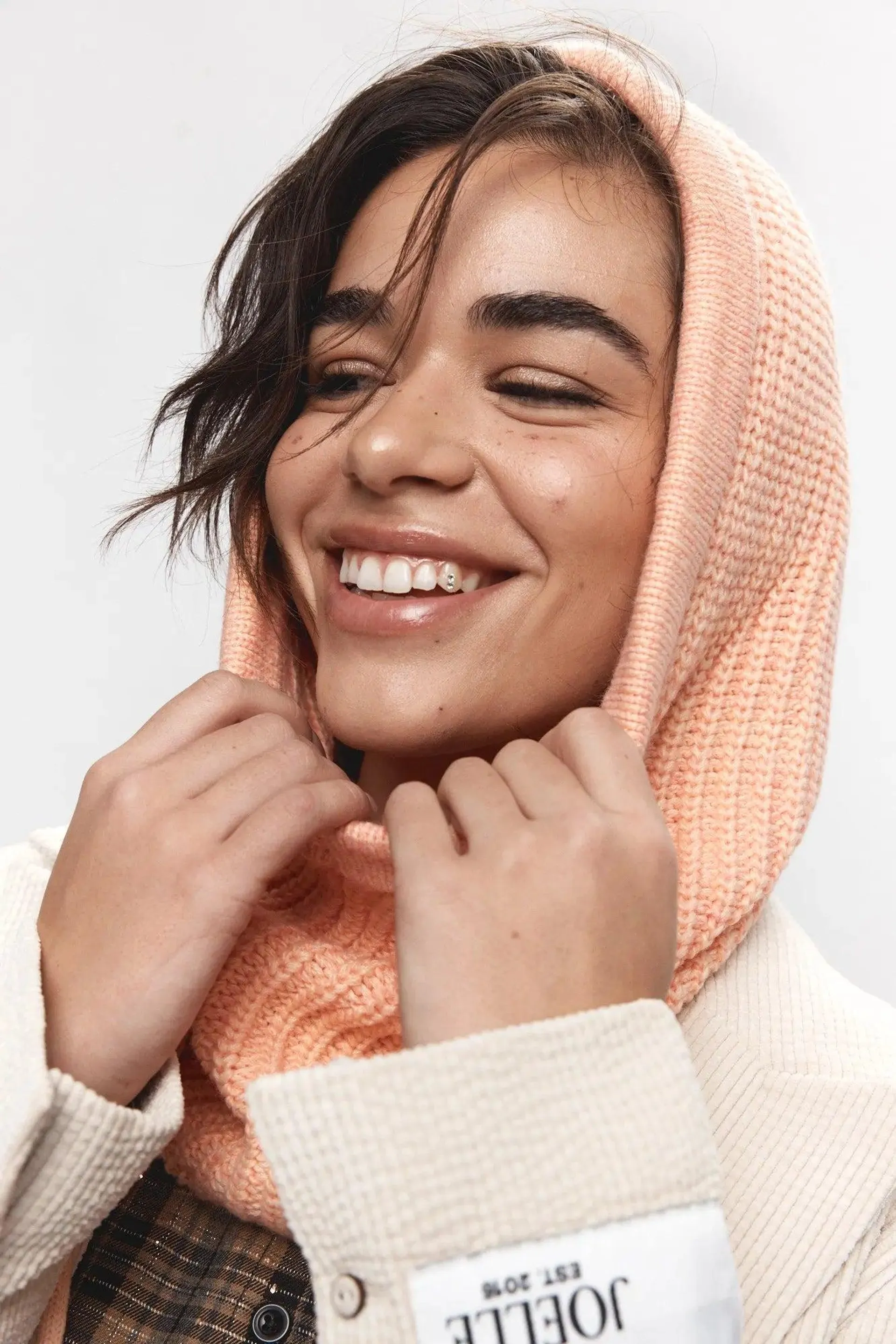 Cagoule rose pêche en tricot | Effie