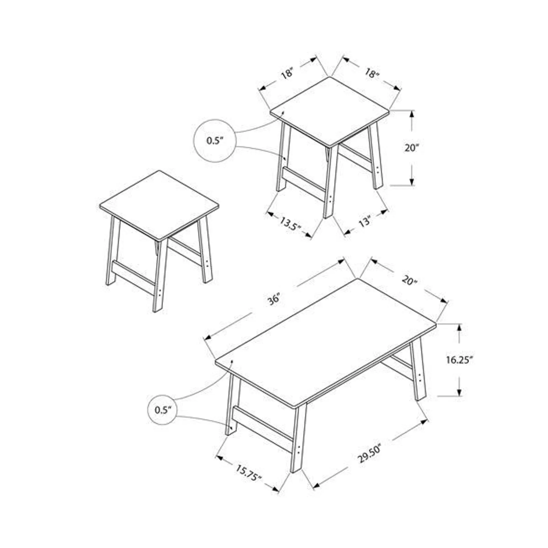 Ensemble de tables en bois, 3 mcx, cappuccino