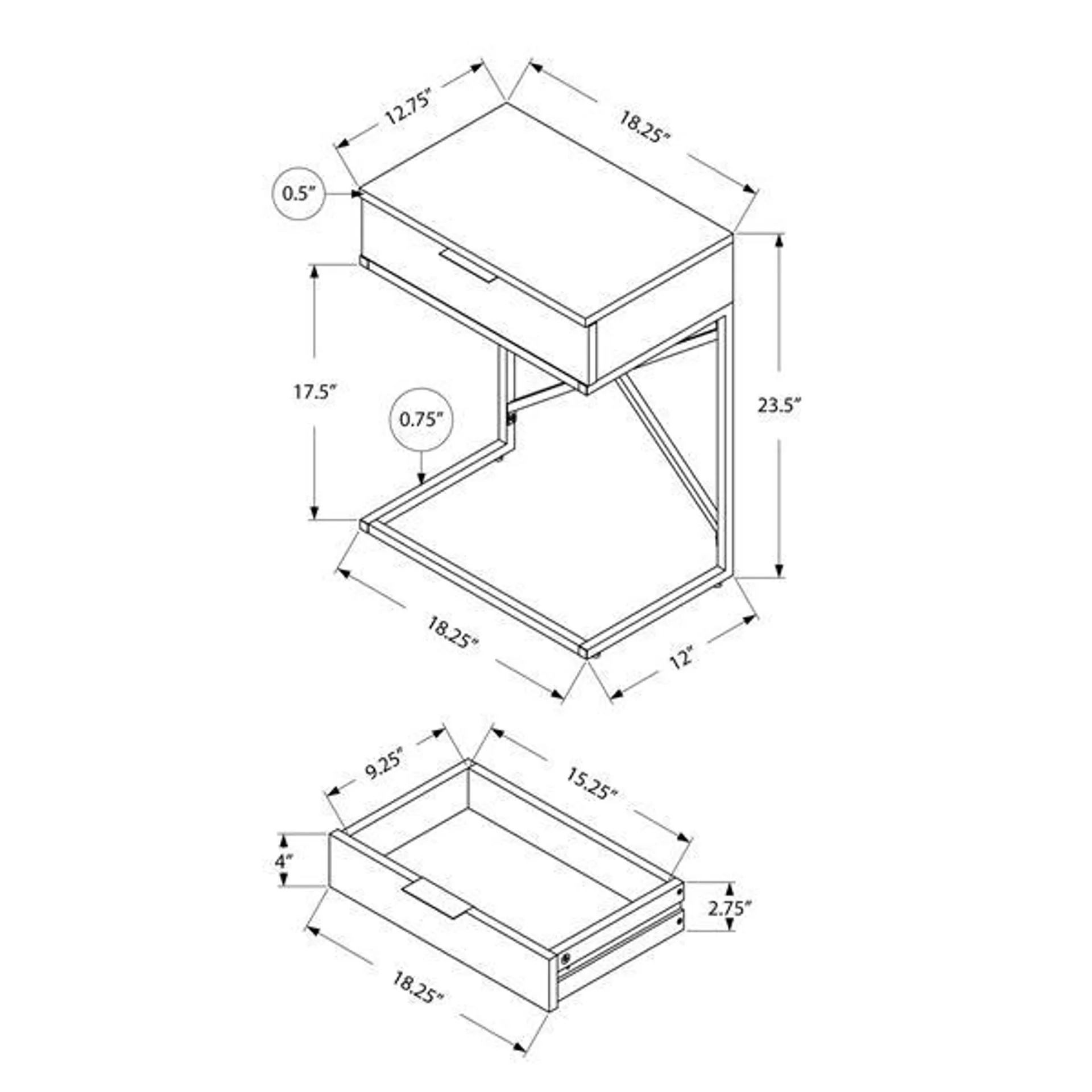 Table d'appoint, 12,75 po x 23,5 po, composite, blanc