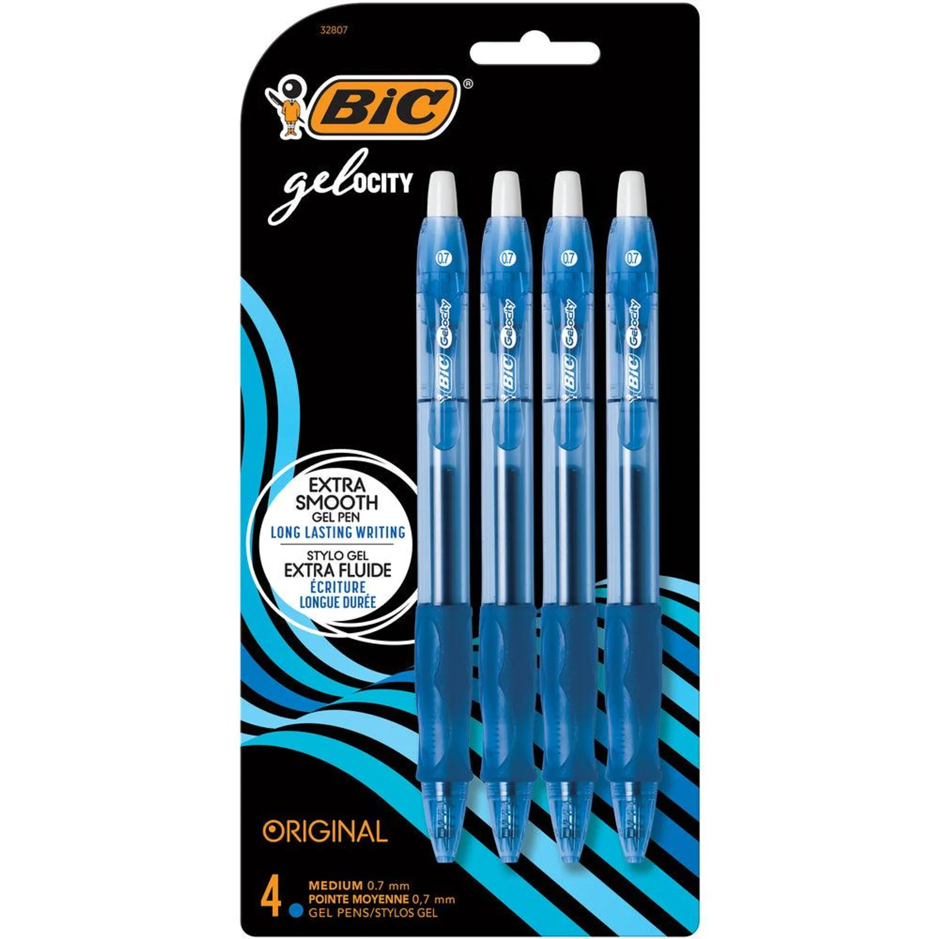 BIC - Stylos Gelocity à encre gel à pointe rétractable - 0,7 mm - bleus - Paquet de 4