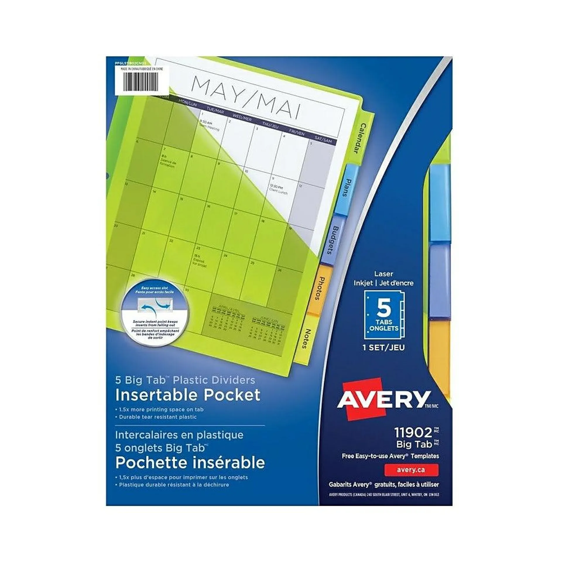 Avery® – Intecalaires insérables en plastique Big Tab™, 9-1/4 x 11-1/8 po - 5 onglets - paq./1 - multicolores