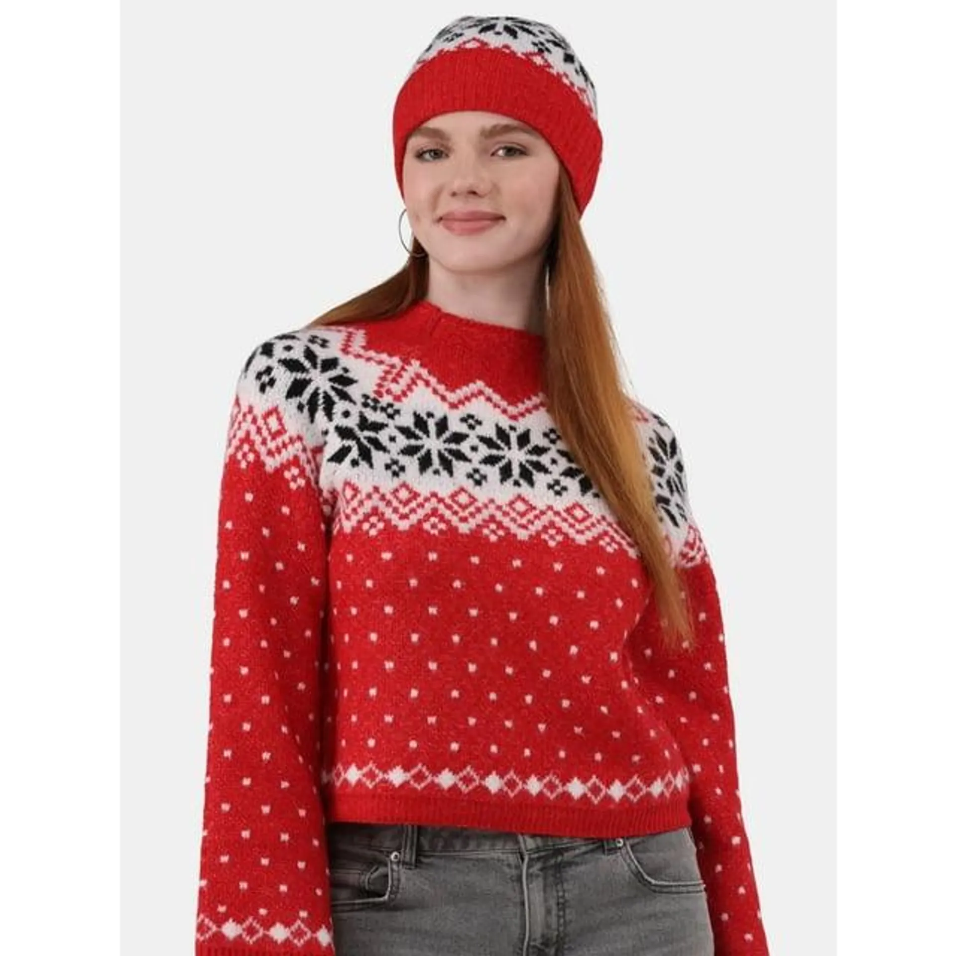 No Boundaries Fairisle Jacquard Pullover and Beanie Set, 2-Piece, Women's and Women’s Plus