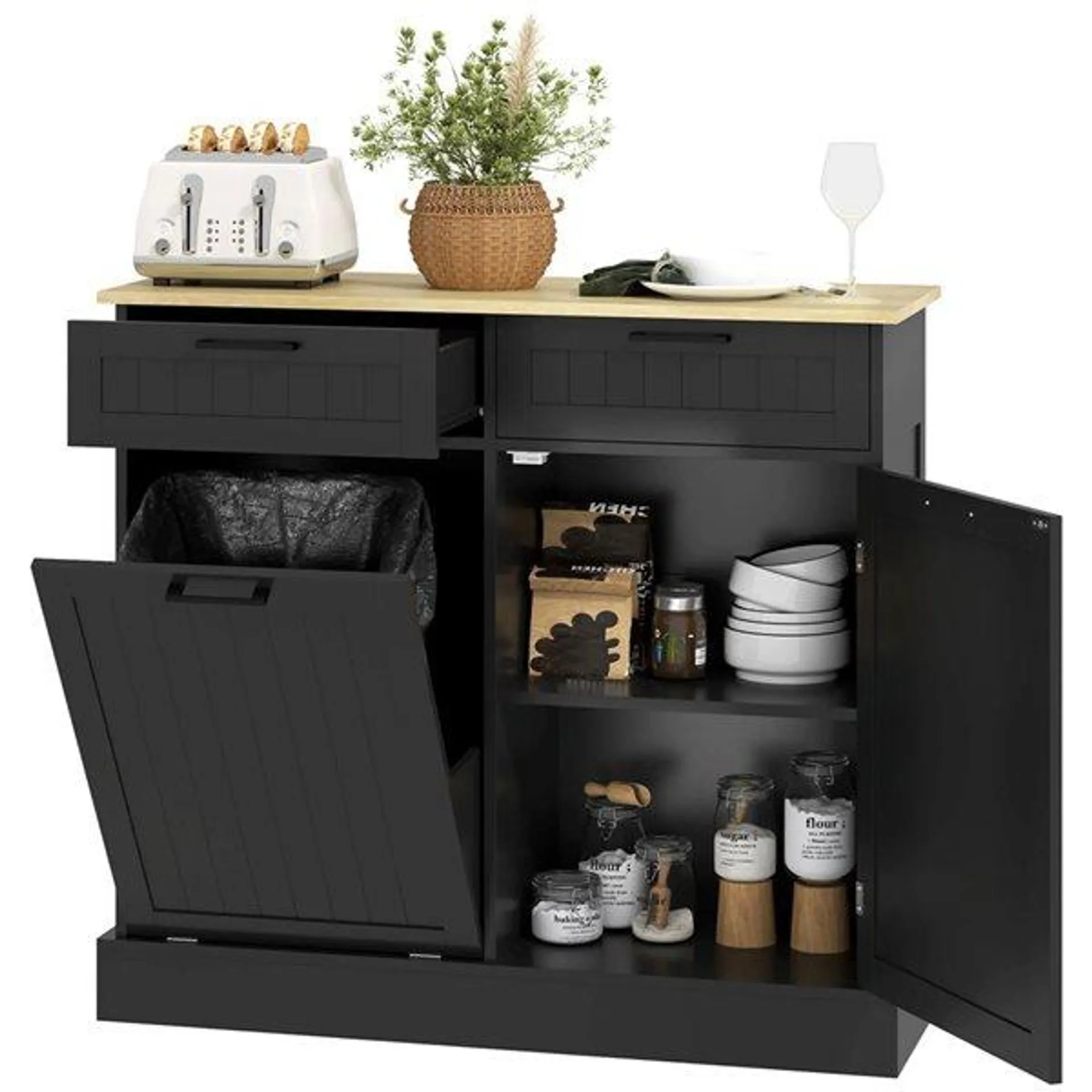 Ilôt de cuisine et armoire à poubelles inclinable HOMCOM 14 p. x 35 h. x 39 po l. 10 gal. avec 2 tiroirs