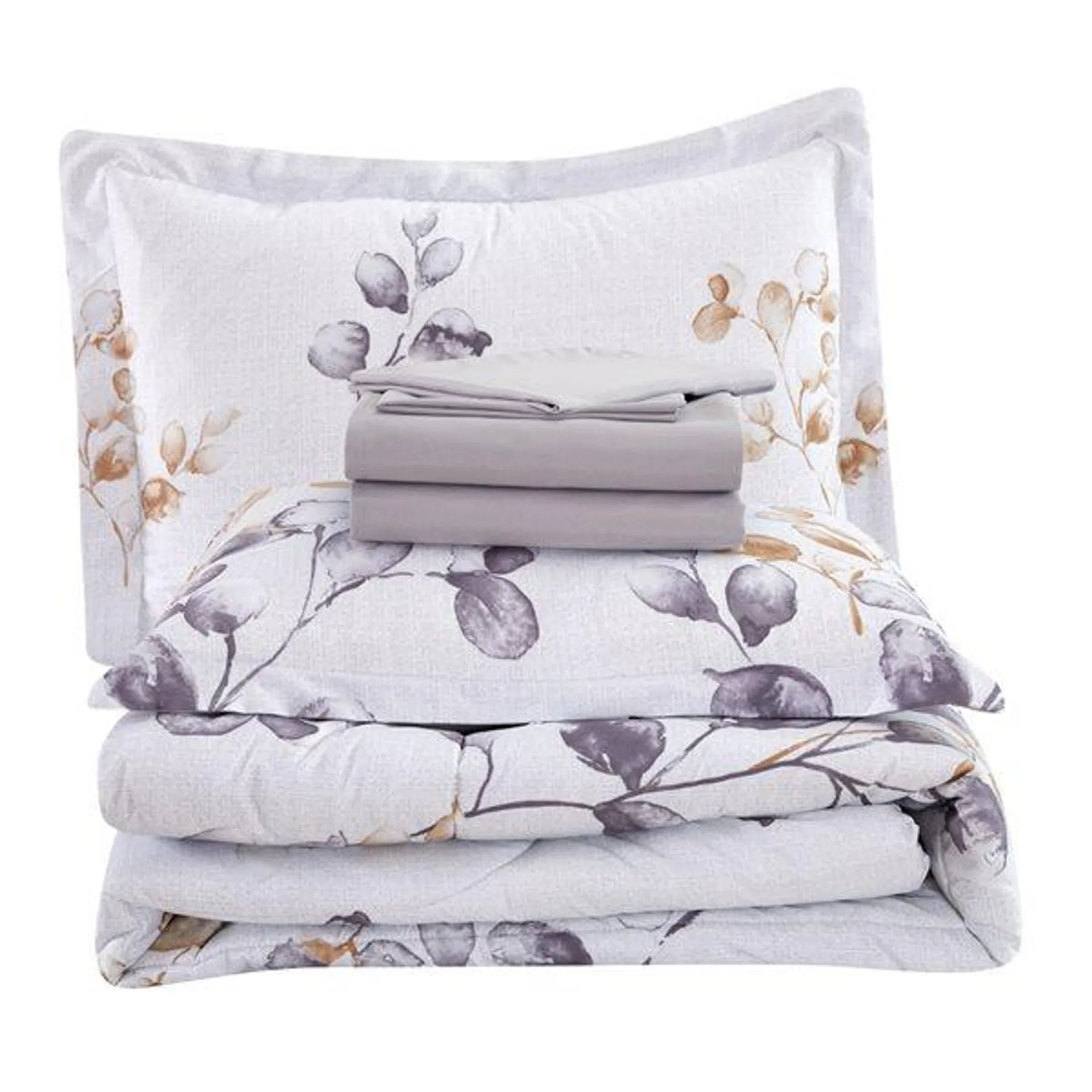 Ensemble douillette au motif floral blanc et doré Marina Decoration pour grand lit, 7 pièces