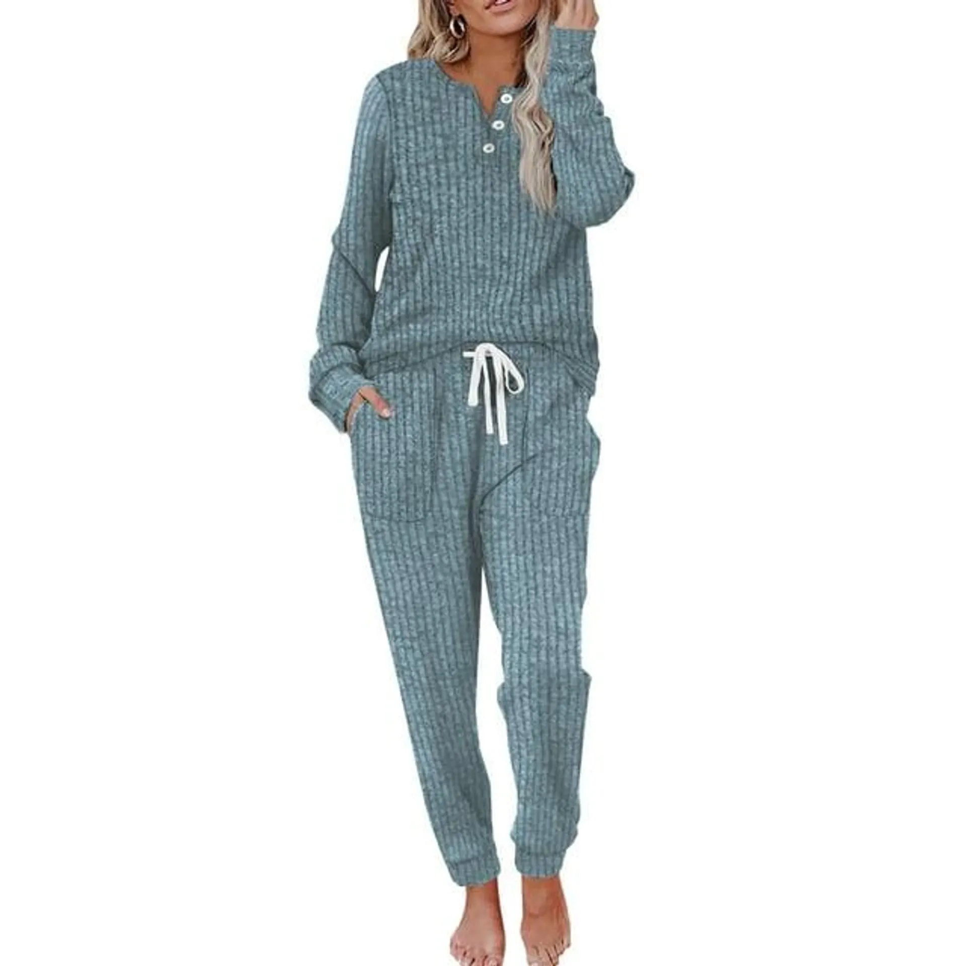 MOSHU Two Piece Womens Pajama Sets Button Down Shirts and Drawstring Pants with Pockets Solid Lounge Sets for Women