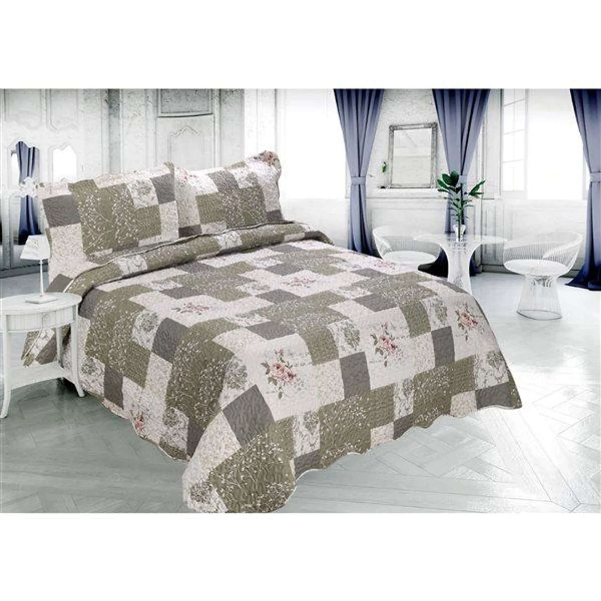 Ensemble de courtepointe florale Marina Decoration taupe et crème pour très grand lit, 3 mcx