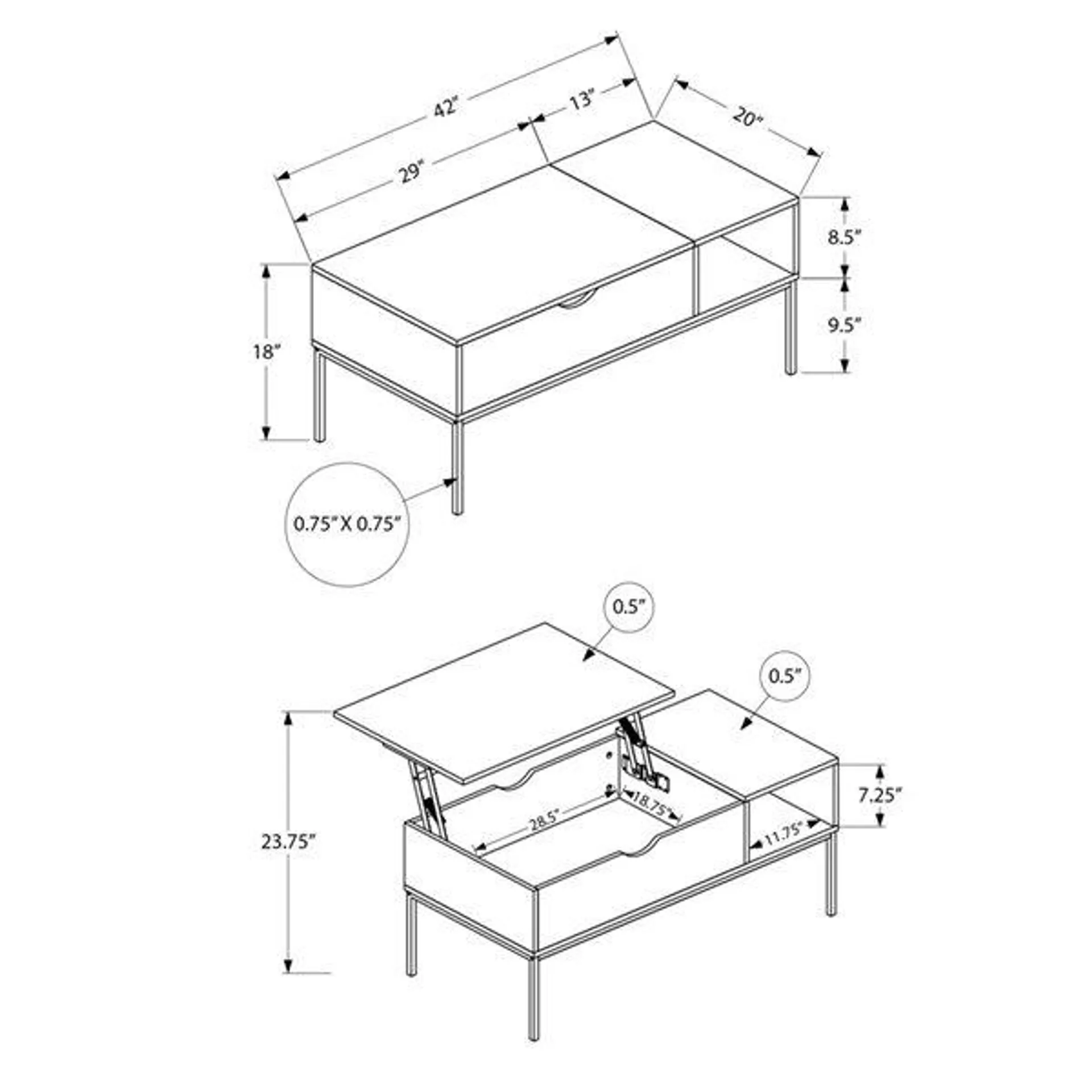 Table basse moderne 20 x 42 po à plateau relevable de Monarch Specialties en stratifié taupe foncé métal noir