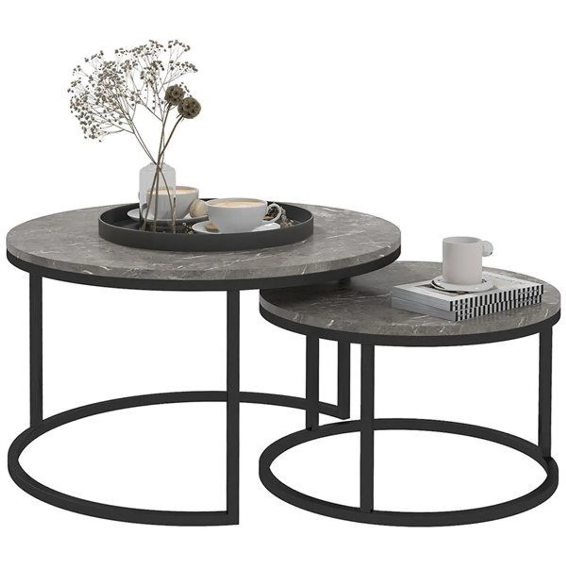 Lot de 2 tables basses gigognes HOMCOM gris en métal avec dessus en faux marbre