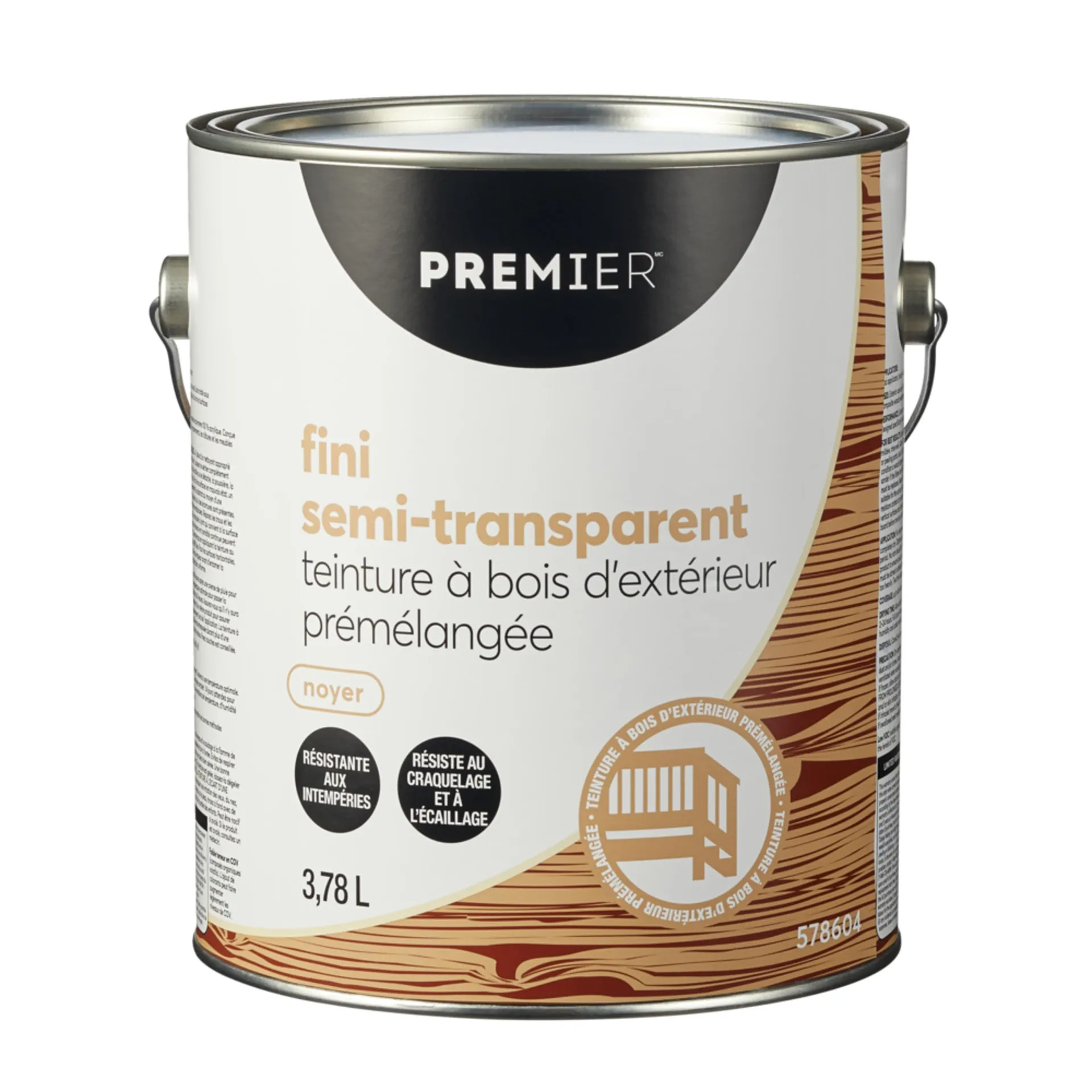 Teinture d'extérieur prémélangée pour bois Premier, semi-transparent, noyer, 3,78 L/1 gallon