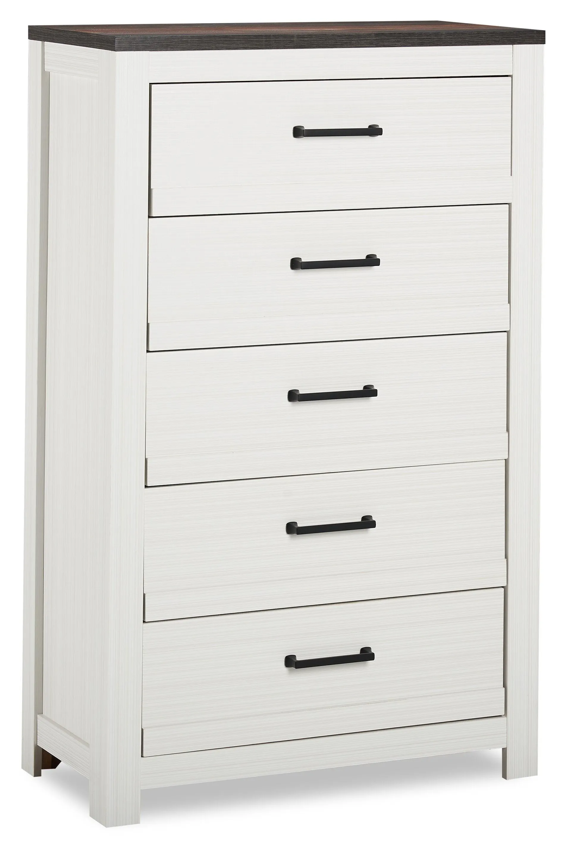 Commode verticale Zoey de 31,5 po (L) x 50,7 po (H) à 5 tiroirs pour la chambre à coucher - deux teintes, blanc et brun