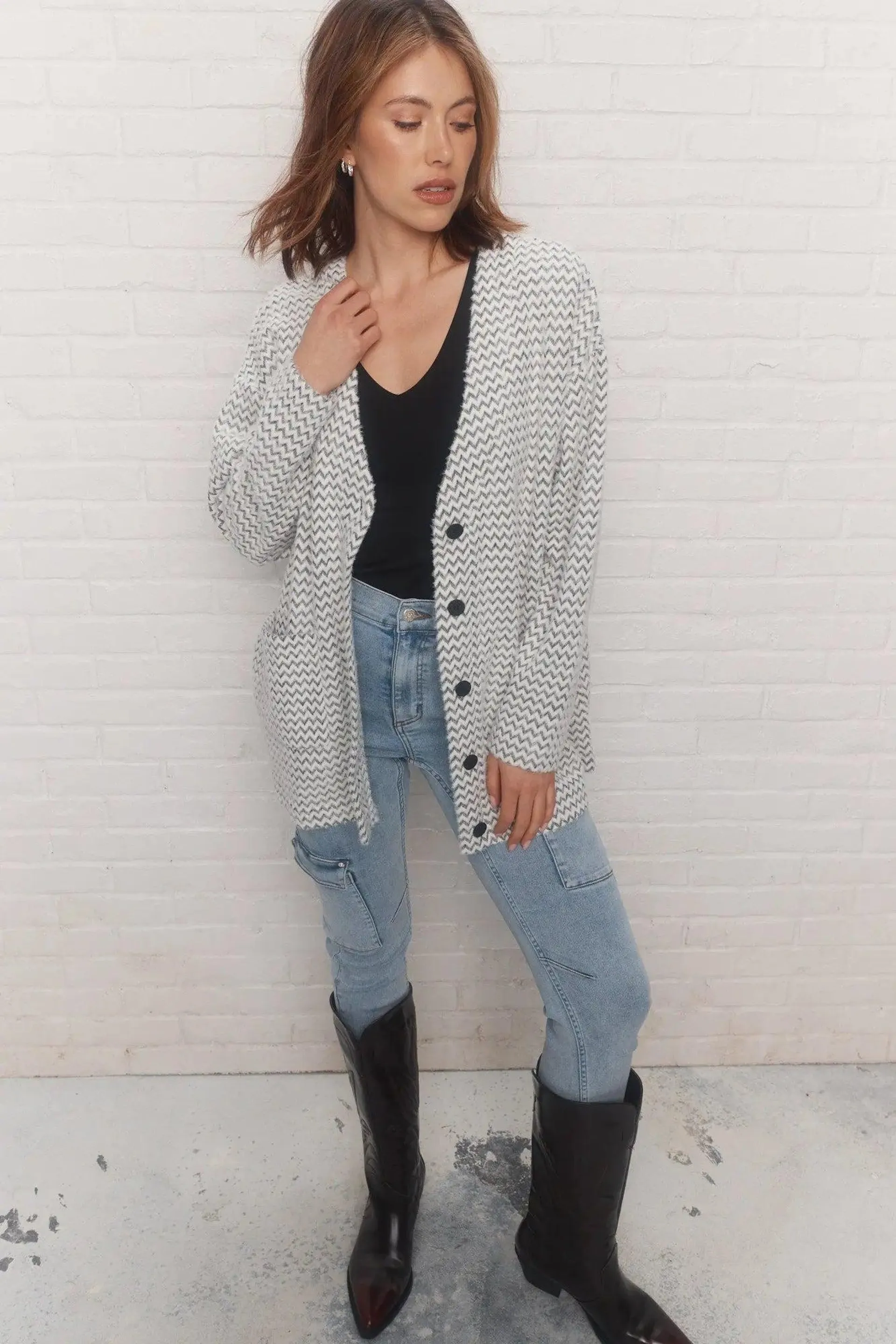 Dylan | Cardigan blanc à motifs chevrons