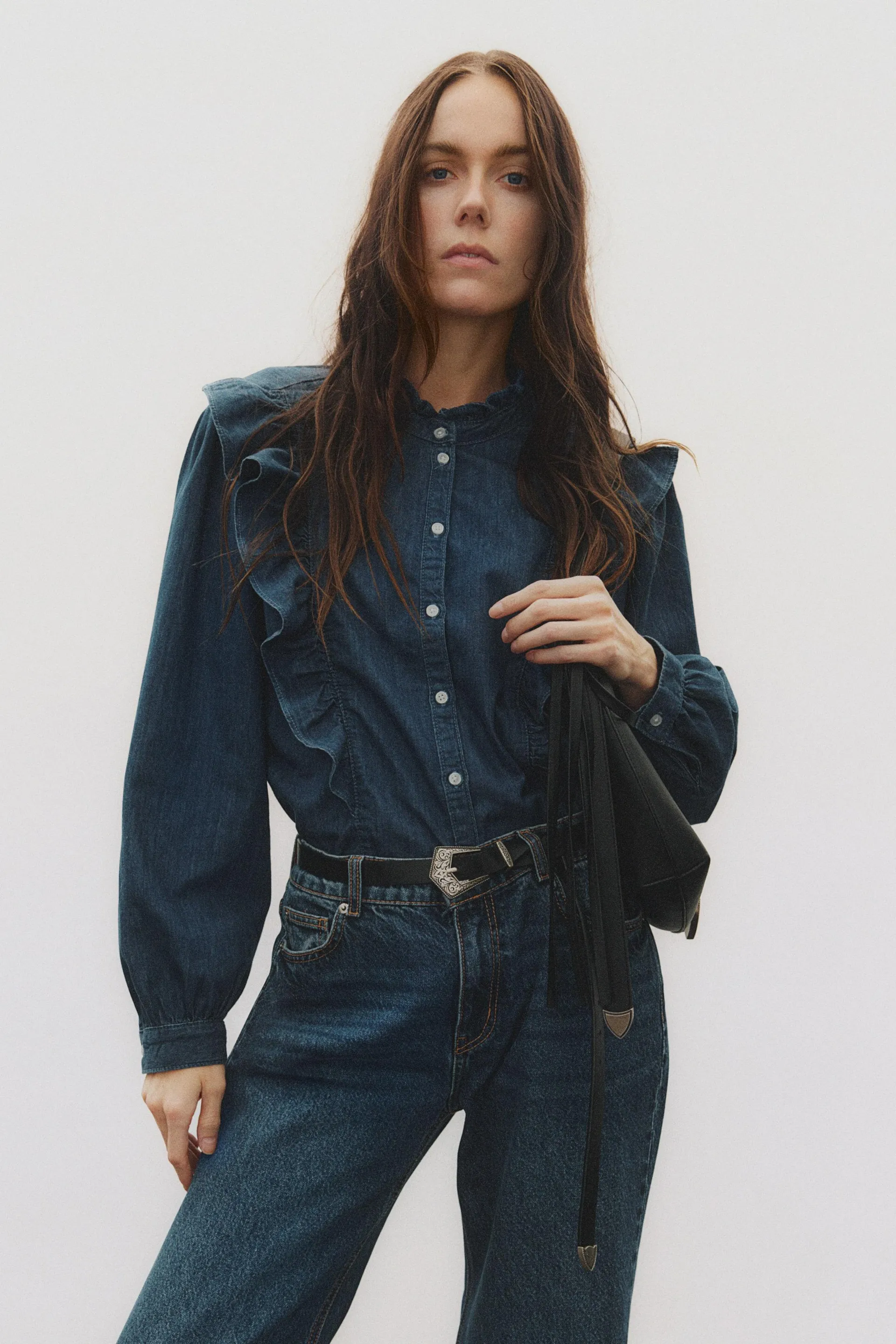 Frill-trimmed denim blouse