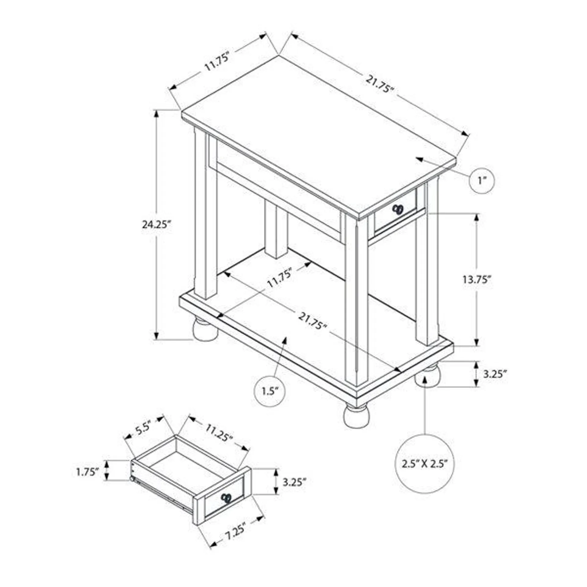 Table d'appoint étroite à 1 tiroir Monarch Specialties 21,75 p. x 11,75 po l. placage espresso