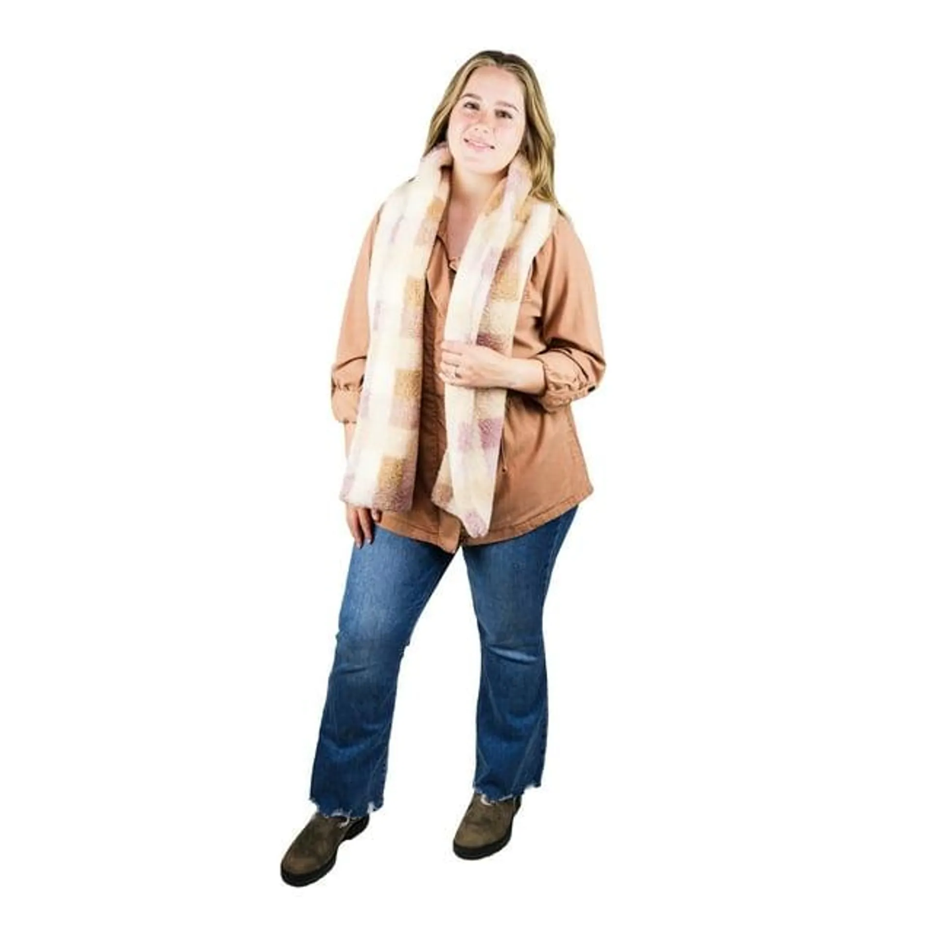 Time and Tru Women's Faux Shearling Winter Scarf, Plaid Blush