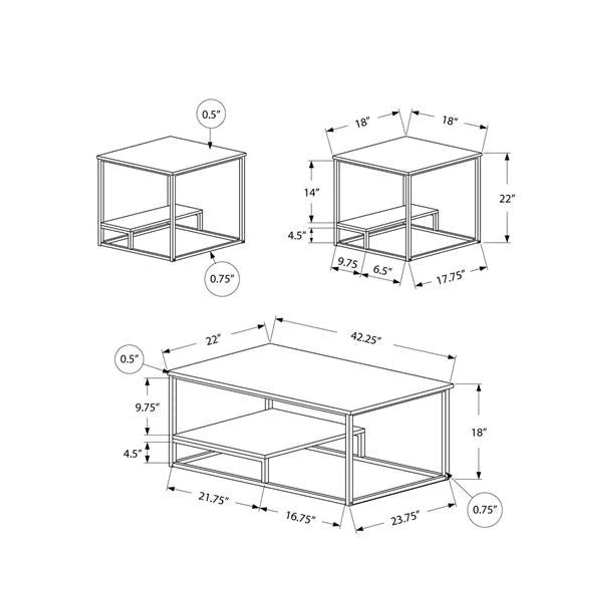 Ensemble de tables en métal, 3 mcx, blanc/argent